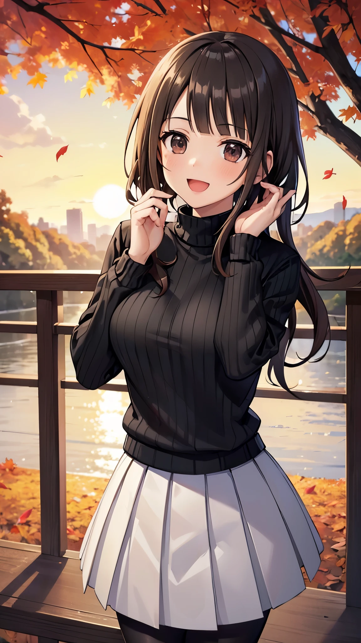 (top quality, greatest masterpiece),okitasawa,low twintale,(ribbed black sweater:1.3),white long length skirt,break,black pantyhose, anatomically correct body , looking at the camera, very detailed facial features, beautiful and perfect face,(:d:1.3),((over head shot:1.3)),autumn leaves,Park in the evening, looking at the camera, Front Angle,sunset,red cheek:1.3,cowboy shot:1.3,