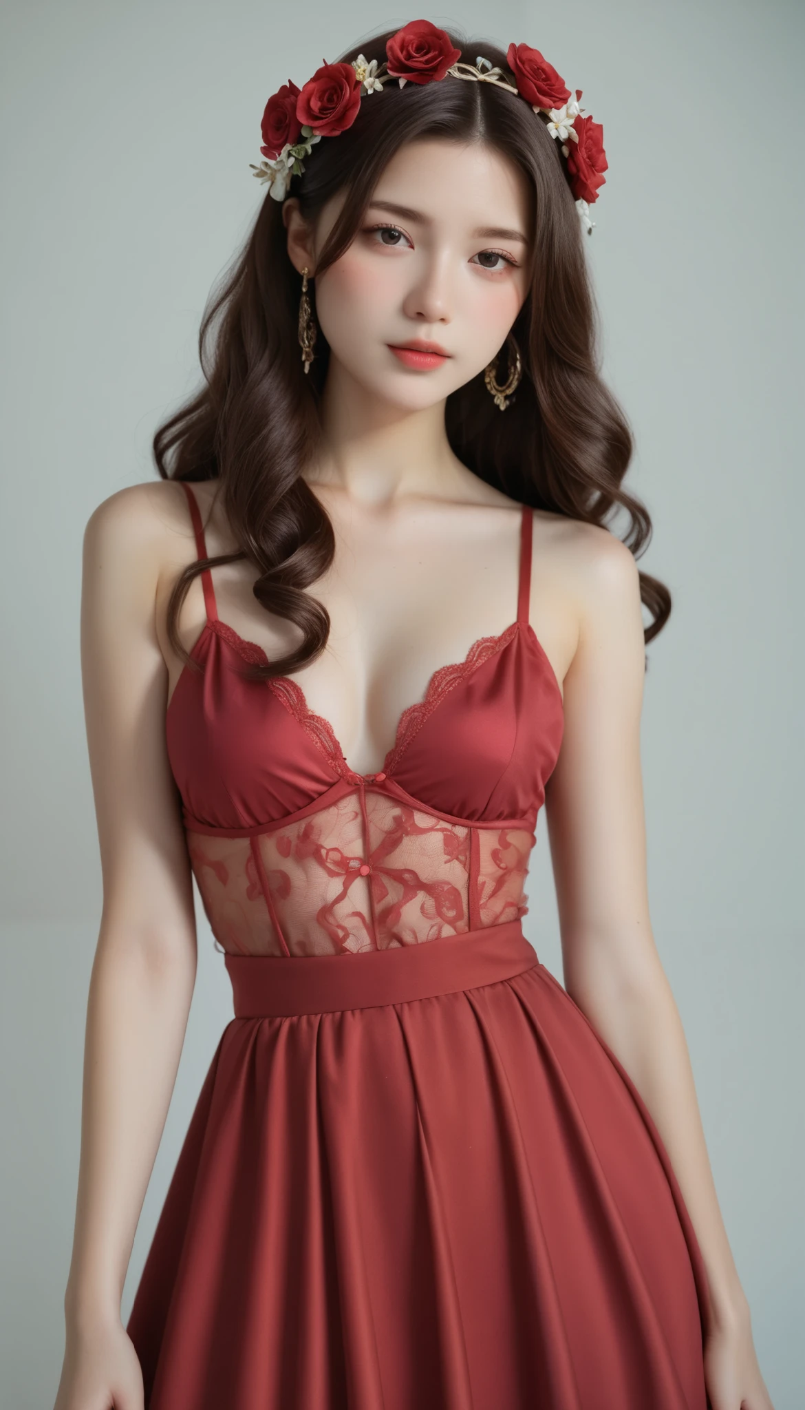 Photorealism ultra realistic attractive chinese woman from the front with big breasts in pink bra and red dress full body with yellow background 8k