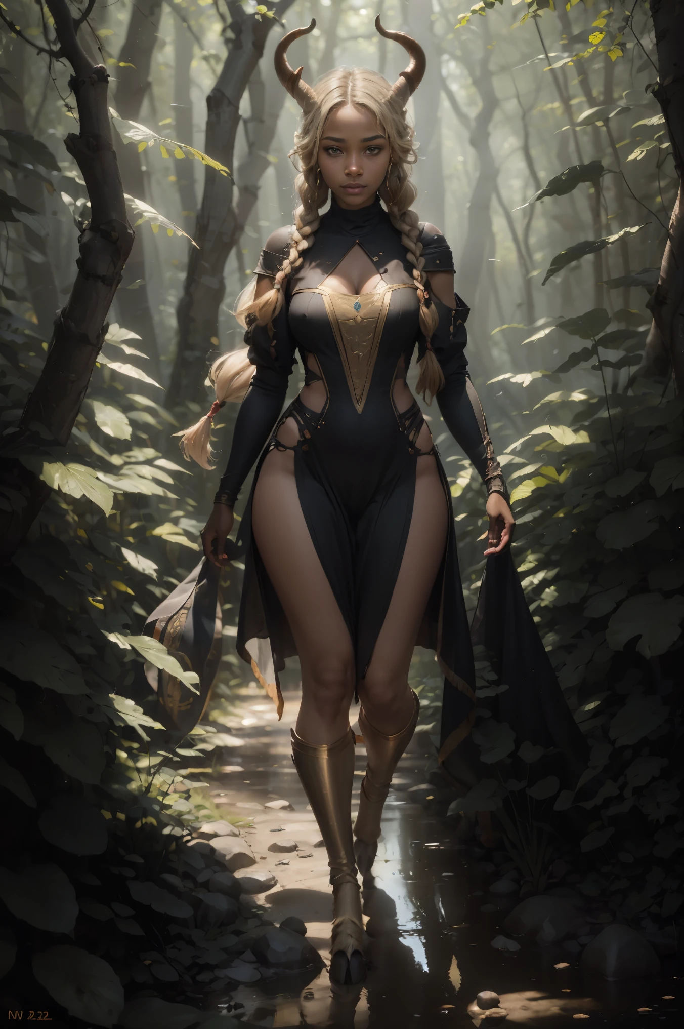 ((sfw, braided hair, a female fauna in the forest, black-skinned female fauna, black woman, fantasy)), (masterpiece, best quality, photorealistic, glowing skin detailed: 1.2, full body), flawless, 8k , RAW, high resolution, (dark night: 1.1 ), black-skinned female fauna, hairy legs, hooves, horns, long braided hair, look at viewer, cinematic, dark background, medieval, slender body, slim body, fantasy, (nonsense), attractive, long blonde hair, golden eyes, 