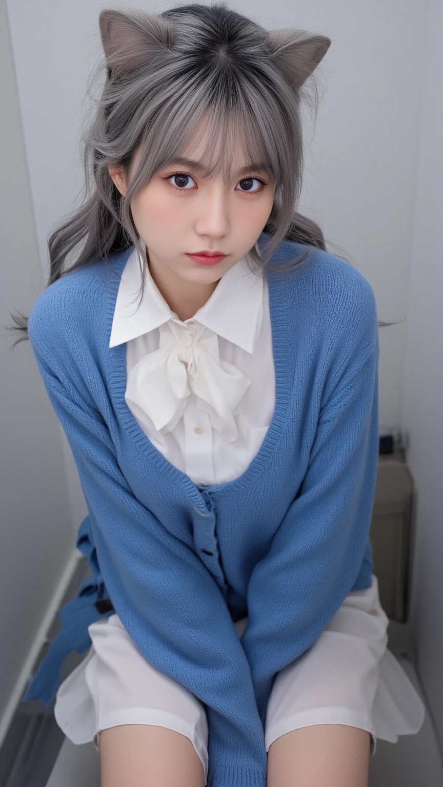(RAW photos, highest quality), (Realistic, Photorealistic: 1.3), masterpiece, very delicate and beautiful, very elaborate, CG, Unity, 2K wallpapers, wonderful, fine, bright smile, very elaborate CG Unity 8K wallpapers, huge file size, ultra high definition, high resolution, absurdity, soft light, ((Short hair: 1.3), short bang, Silver hair, floating hair novafrog style), beautiful girl in detail, fine fingers, very fine eyes and face, beautiful nose in detail, beautiful eyes in detail, long eyelashes, shining light on face, looking at the viewer, (with mouth closed: 1.2) 1 girl, cute, young, mature face, (full body: 1.3) realistic face, realistic body, slender beautiful thighs, ( ulzzang-6500-v1. 1:0.8) Business suits, cross lace clothes, collared shirts, open clothes, office, open cardigan, black thighs,