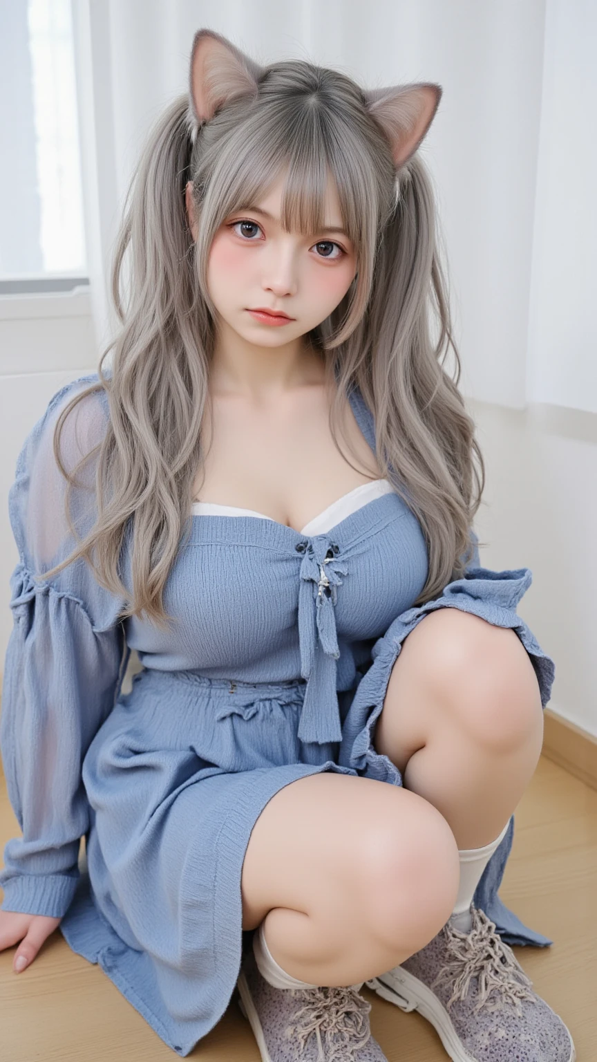 (sitting cross-legged on the bed)、Mature Woman、Light blue hair、((Light grey hair))、(((Two-tone hair)))、Black taupe dress with delicate light blue decoration、Slender women、Cute Woman、 8K Ultra HD,Detailed face、Delicate texture, Long Hair、(((Blunt bangs)))、(((Drill Hair)))、Tutu skirt、Thigh-length tights、short boots、((Oriental router))、mini skirt、A room in a Western-style building、((Delicate photo))，(Girl Astepeace RAW Photo Details:1.25), (Highest quality:1.6), (Ultra-high resolution:1.5), (Realistic:1.75), 8k resolution, Canon EOS R5, 50mm, Absurd, Very detailed,Cinema Lighting、((stuffed toy:1.3))、Browsing Caution:1.5(Full Body Shot)、(smile)、