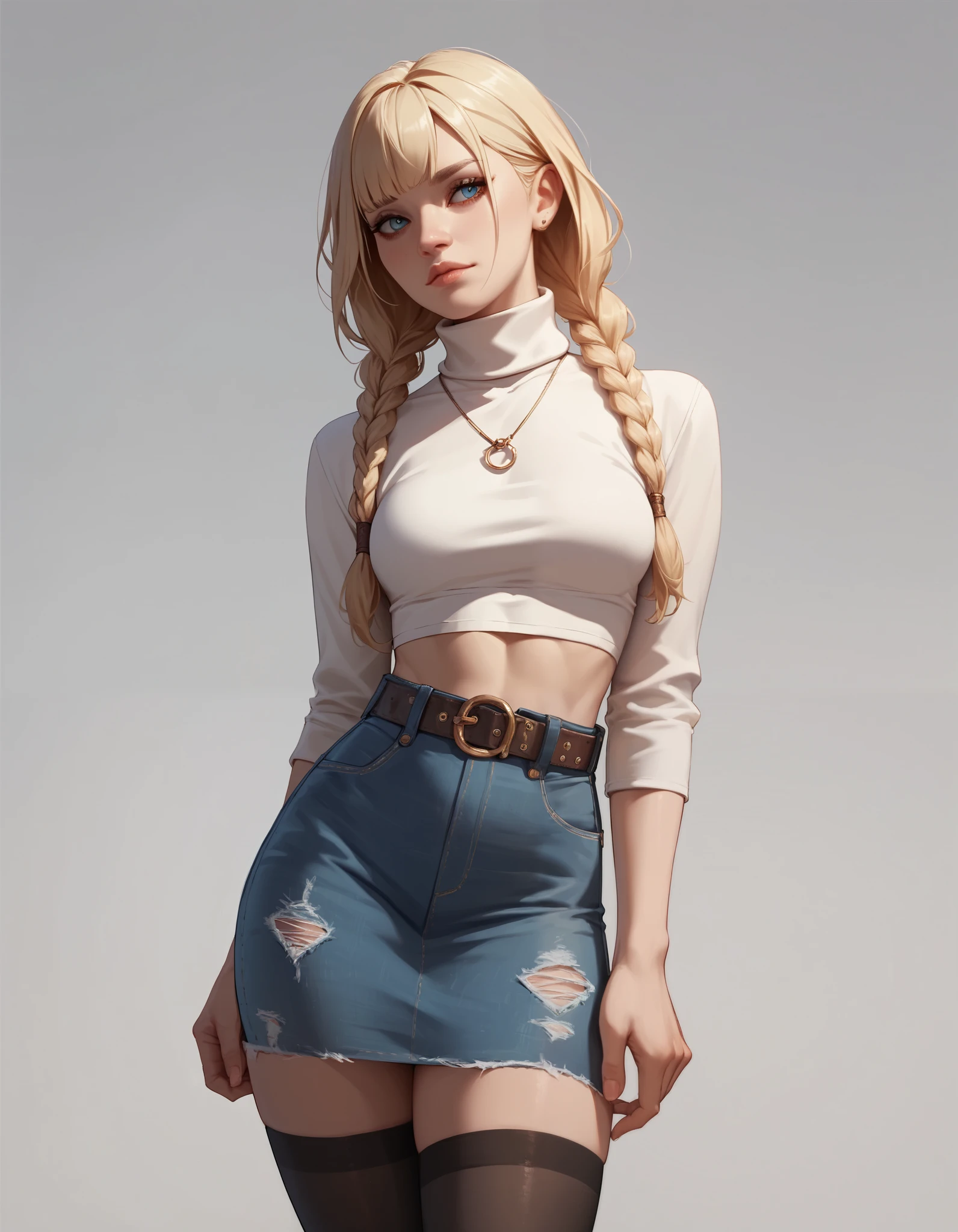score_9, score_8_up, score_7_up, 1 blond-haired girl with braids and bangs, wearing a turtleneck crop top, black stockings, a denim skirt and a belt.