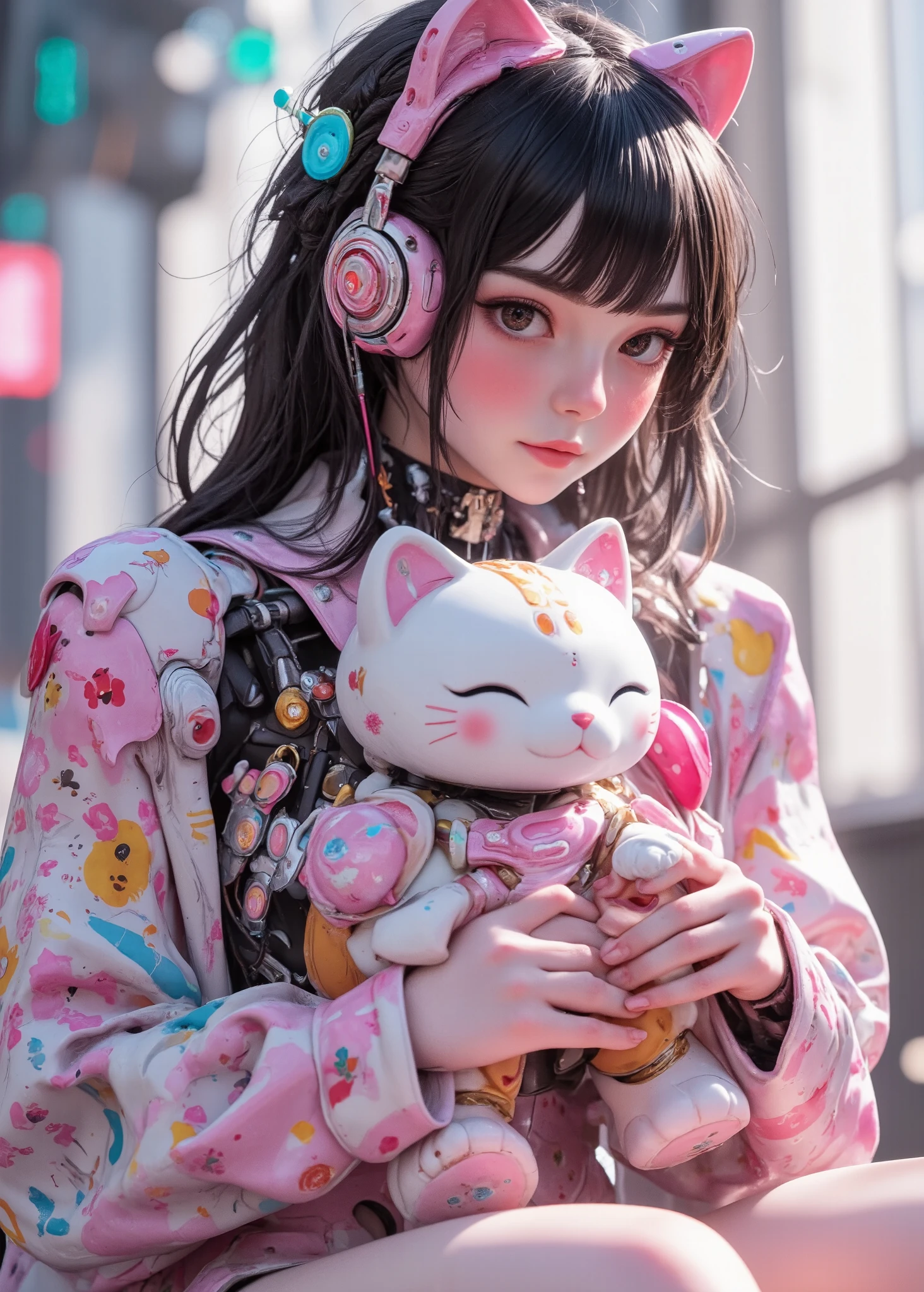 A cute girl robot is holding a cat rag toy. Has colorful flower patterns on her body , Feeling cute , Joints and gaps glow pink ..Hardcore machine . Latest anime style ,cute background,High brightness. bright colors, , relaxed mood. full body