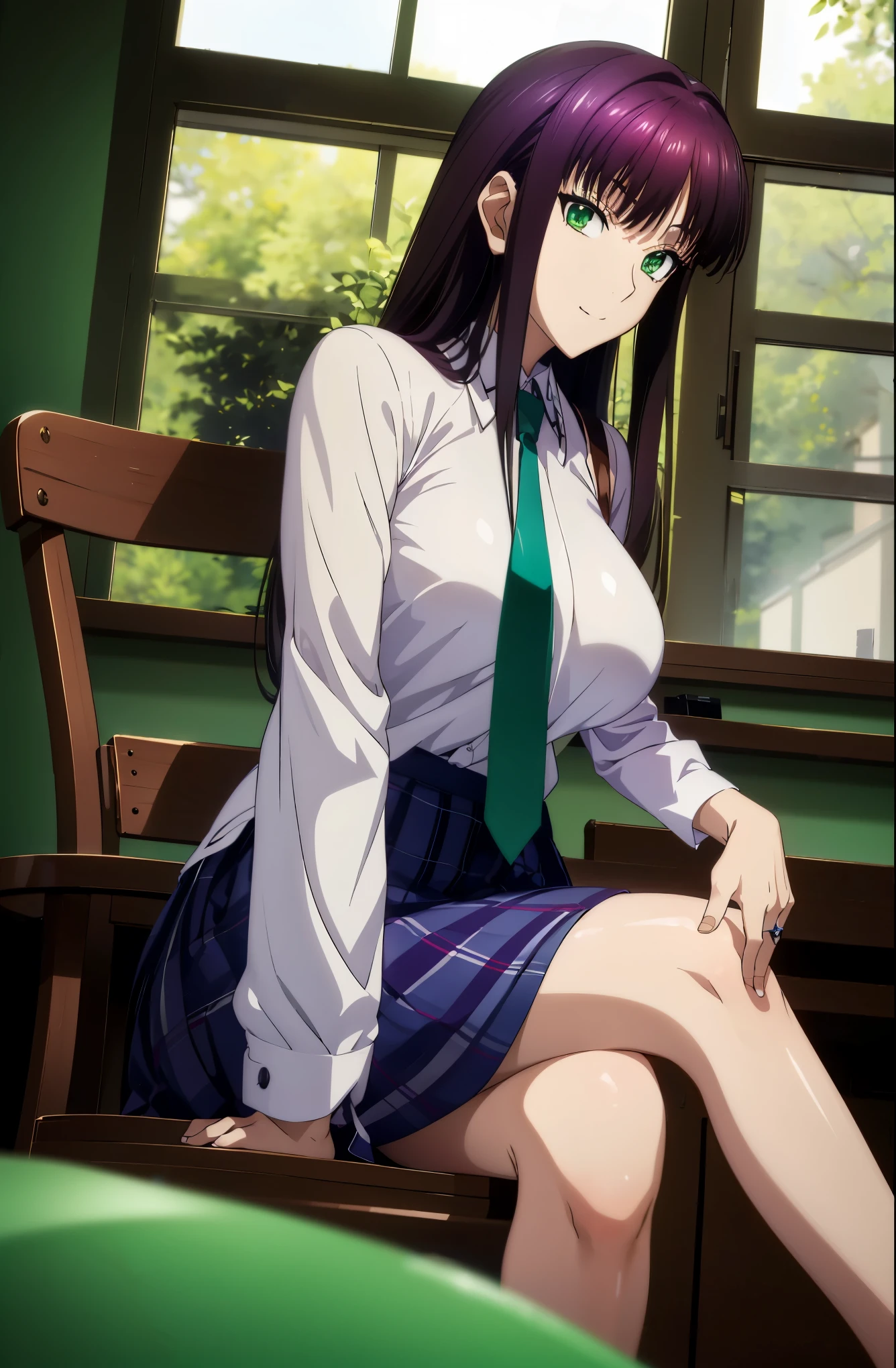 長い purple hairをしたアニメの女の子, Kasori Misato, Another Iwakura, close up Another Iwakura, Beautiful anime high school students , attractive anime girl , Official anime scene photo , cute anime girl visual , close up of Another Iwakura, Official Art, Official Studio Anime Still Images , anime best girl , green eyes, Jewel Eyes ,Makima ( Chainsaw Man),Scathach ( destiny / grand order required ),Reika Shimodaira , there's nothing there, Very Delicate and Beautiful CG Illustration ,最 High Quality , realistic texture ,Realistic Fabric, realistic texture , beautiful thighs, Big Chest in a Temple 、 constricted,(((Masterpiece))), ((( 最 High Quality ))),8k,32K,Masterpiece, big ring shaped earrings , Ultra-fine, 超 Details , kampala , HYPERREAL SCHOOL GIRL ,Perm setter , 最 High Quality , High Quality , HD , High Quality のテクスチャ, High Quality な影, 高 Details, Details ,1 personの少女,Alone,I, The Only Thing ,Alone,1 person,Taki, ADULT BIB ,Leg length, beautiful long legs ,8 heads,:171cm, mature girl , purple hair,紫色 purple hair, Attractive Anime Girl , colorful hair, Straight Hair,smile, Happy Smiling , fun to play ! Vivid Expression ,かわいいsmile,Cool Beauty, beautiful woman, beautiful faces, Beautiful realism, provocative expression , Open V Outfit , beautiful hair,彼女は首に necklace 身に着けています, necklace ,ビーズの necklace ,Magatama Accessories,smile, colorful eyes , green eyes,Jade green eyes, beautiful eyes,bright eyes, beautiful eyes, Jewel Eyes ,Jade Eyes,Droopy eyes,( green eyes:1.5), charming face, Viewers watch , Mysterious Atmosphere , School building,,classroom,smile,School Shirt, white button shirt, white shirt , ties, plaid skirt , blue mini skirt, black socks, sleeveless high neck top for viewers who place their hands behind the ground , underwear,bag, 非常に DetailsなCG ,classroom,Sitting on chair,chair, 複雑な Details ,目 beautiful eyes,(( beautiful ring-shaped light ,Punch ,classroomの机, sitting with legs ,student,high school student, Sunlight Shining Through Windows , daytime,studentが使用する机とchair, natural soft light , Viewers watch ,背景をclassroom,Japanese School,( cross your legs), School building,high school student,Missionary Work,