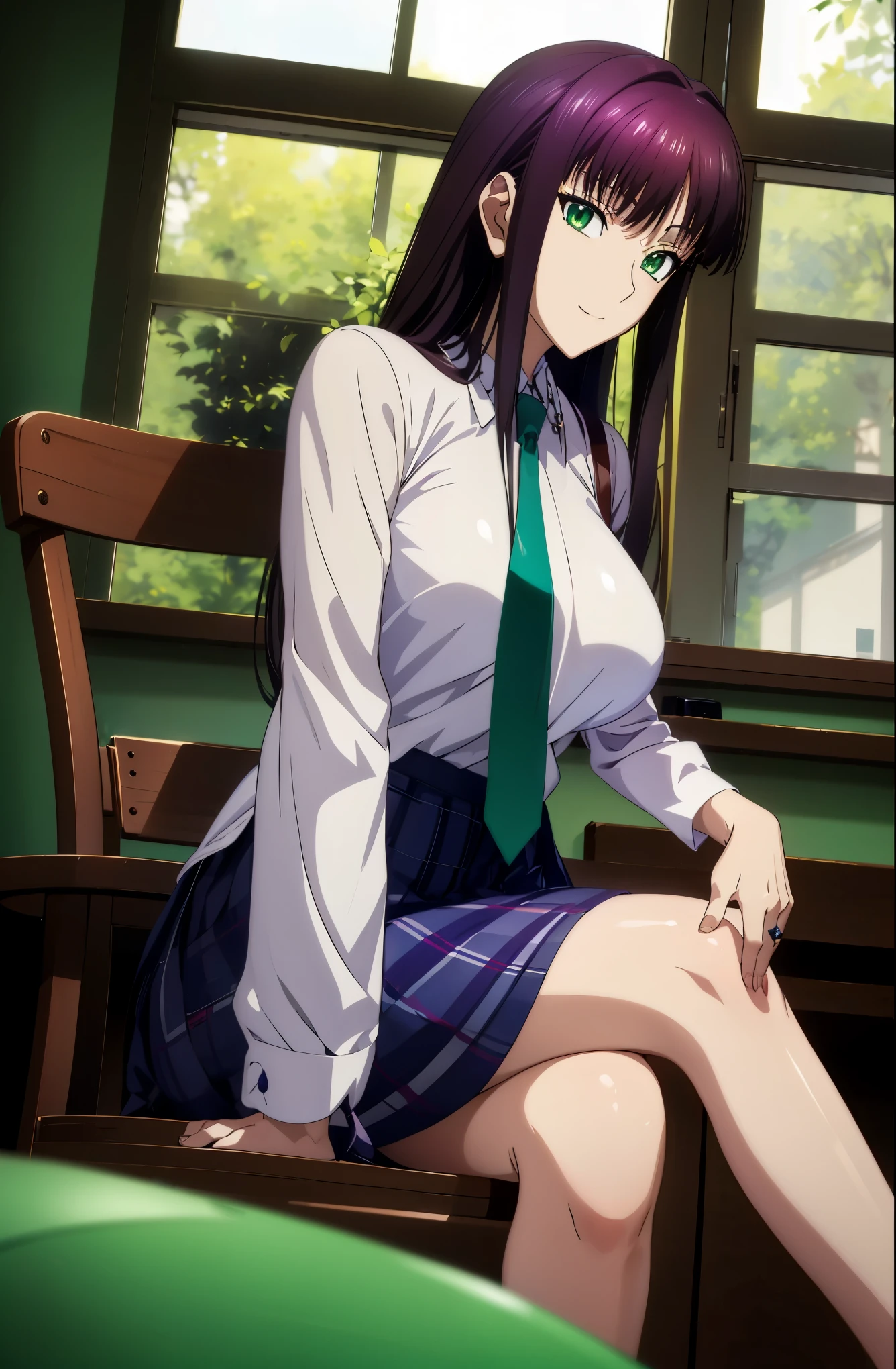 長い purple hairをしたアニメの女の子, Kasori Misato, Another Iwakura, close up Another Iwakura, Beautiful anime high school students , attractive anime girl , Official anime scene photo , cute anime girl visual , close up of Another Iwakura, Official Art, Official Studio Anime Still Images , anime best girl , green eyes, Jewel Eyes ,Makima ( Chainsaw Man),Scathach ( destiny / grand order required ),Reika Shimodaira , there's nothing there, Very Delicate and Beautiful CG Illustration ,最 High Quality , realistic texture ,Realistic Fabric, realistic texture , beautiful thighs, Big Chest in a Temple 、 constricted,(((Masterpiece))), ((( 最 High Quality ))),8k,32K,Masterpiece, big ring shaped earrings , Ultra-fine, 超 Details , kampala , HYPERREAL SCHOOL GIRL ,Perm setter , 最 High Quality , High Quality , HD , High Quality のテクスチャ, High Quality な影, 高 Details, Details ,1 personの少女,Alone,I, The Only Thing ,Alone,1 person,Taki, ADULT BIB ,Leg length, beautiful long legs ,8 heads,:171cm, mature girl , purple hair,紫色 purple hair, Attractive Anime Girl , colorful hair, Straight Hair,smile, Happy Smiling , fun to play ! Vivid Expression ,かわいいsmile,Cool Beauty, beautiful woman, beautiful faces, Beautiful realism, provocative expression , Open V Outfit , beautiful hair,彼女は首に necklace 身に着けています, necklace ,ビーズの necklace ,Magatama Accessories,smile, colorful eyes , green eyes,Jade green eyes, beautiful eyes,bright eyes, beautiful eyes, Jewel Eyes ,Jade Eyes,Droopy eyes,( green eyes:1.5), charming face, Viewers watch , Mysterious Atmosphere , School building,,classroom,smile,School Shirt, white button shirt, white shirt , ties, plaid skirt , blue mini skirt, black socks, sleeveless high neck top for viewers who place their hands behind the ground , underwear,bag, 非常に DetailsなCG ,classroom,Sitting on chair,chair, 複雑な Details ,目 beautiful eyes,(( beautiful ring-shaped light ,Punch ,classroomの机, sitting with legs ,student,high school student, Sunlight Shining Through Windows , daytime,studentが使用する机とchair, natural soft light , Viewers watch ,背景をclassroom,Japanese School,( cross your legs), School building,high school student,Missionary Work,