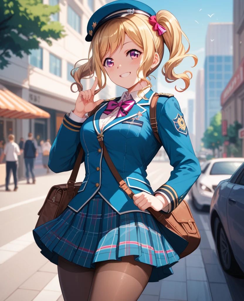 High-quality, ultra-realistic portraits、1 person、high school student、Japanese school uniform、Are standing、smile、looking at the camera、Detailed face、Smooth Skin、((Blonde、Side Ponytail、Emerald green eyes、Big Breasts))、Natural Makeup、Outdoor Background、(custom school uniforms、A cleavage-enhancing white blouse with navy blue accents:1.3、Gold Button、Navy blue pleated mini skirt with white trim:1.3、Knee-length、Navy blue ribbon tie、white ankle socks、Black leather loafers、Navy blue blazer with gold school emblem on breast pocket)、Matching navy blue school bag with gold trim