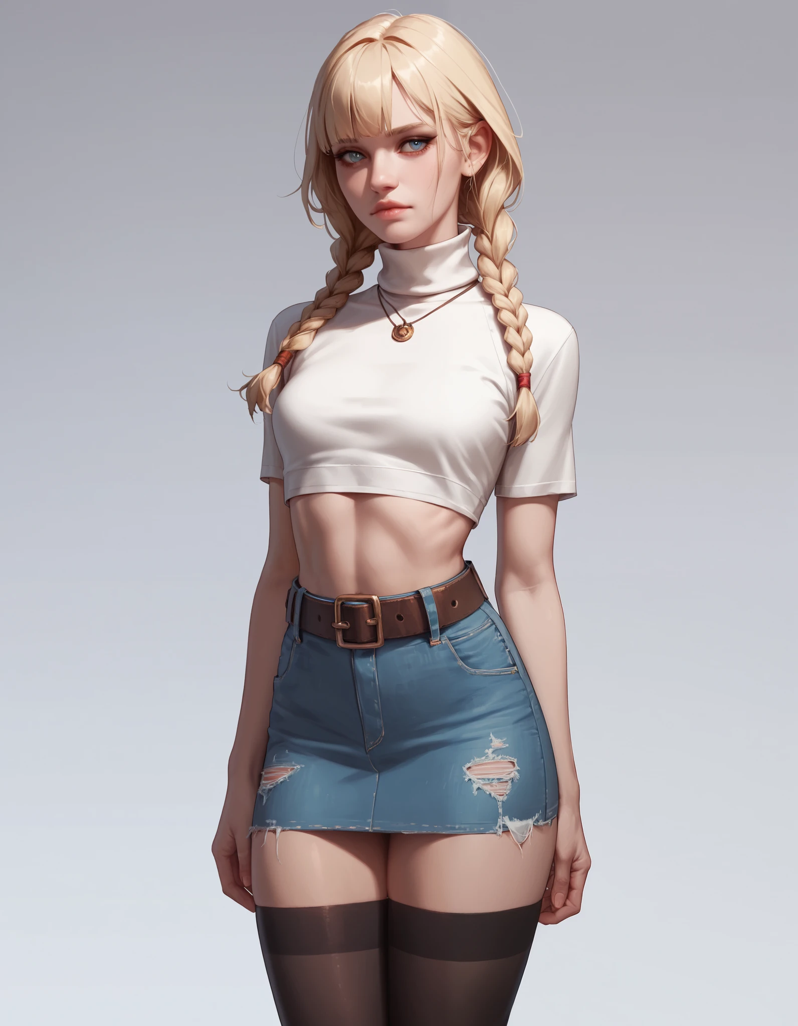 score_9, score_8_up, score_7_up, 1 blond-haired girl with braids and bangs, wearing a turtleneck crop top, black stockings, a denim mini skirt and a belt.