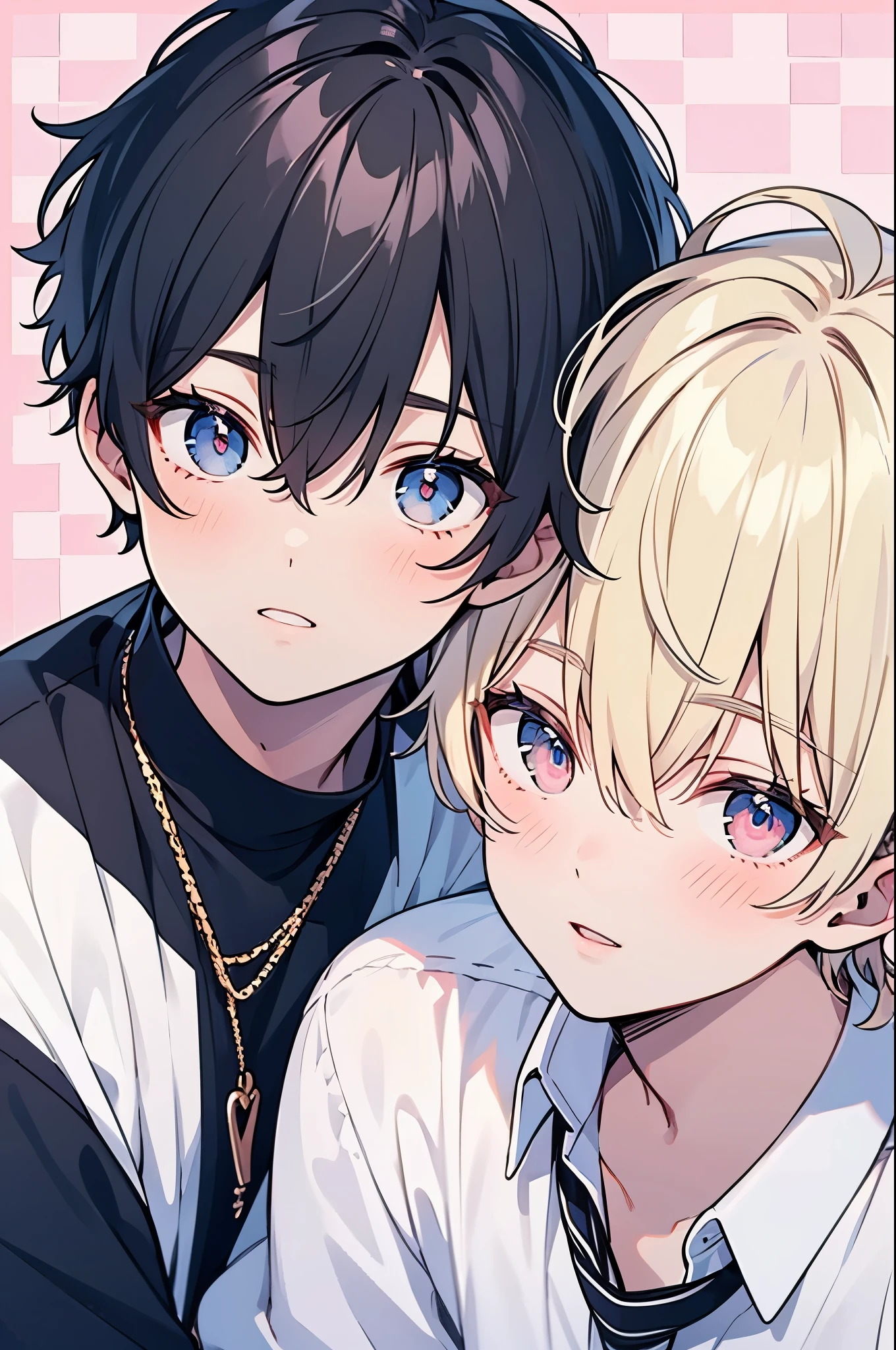 Blonde, black hair, For Men, Medium Hair ,blue eyes , pink eyes,Beautiful Boy, skinny,lips,2 boys, , Yaoi, Checkered background,close up Face,((on bedding:0.8))