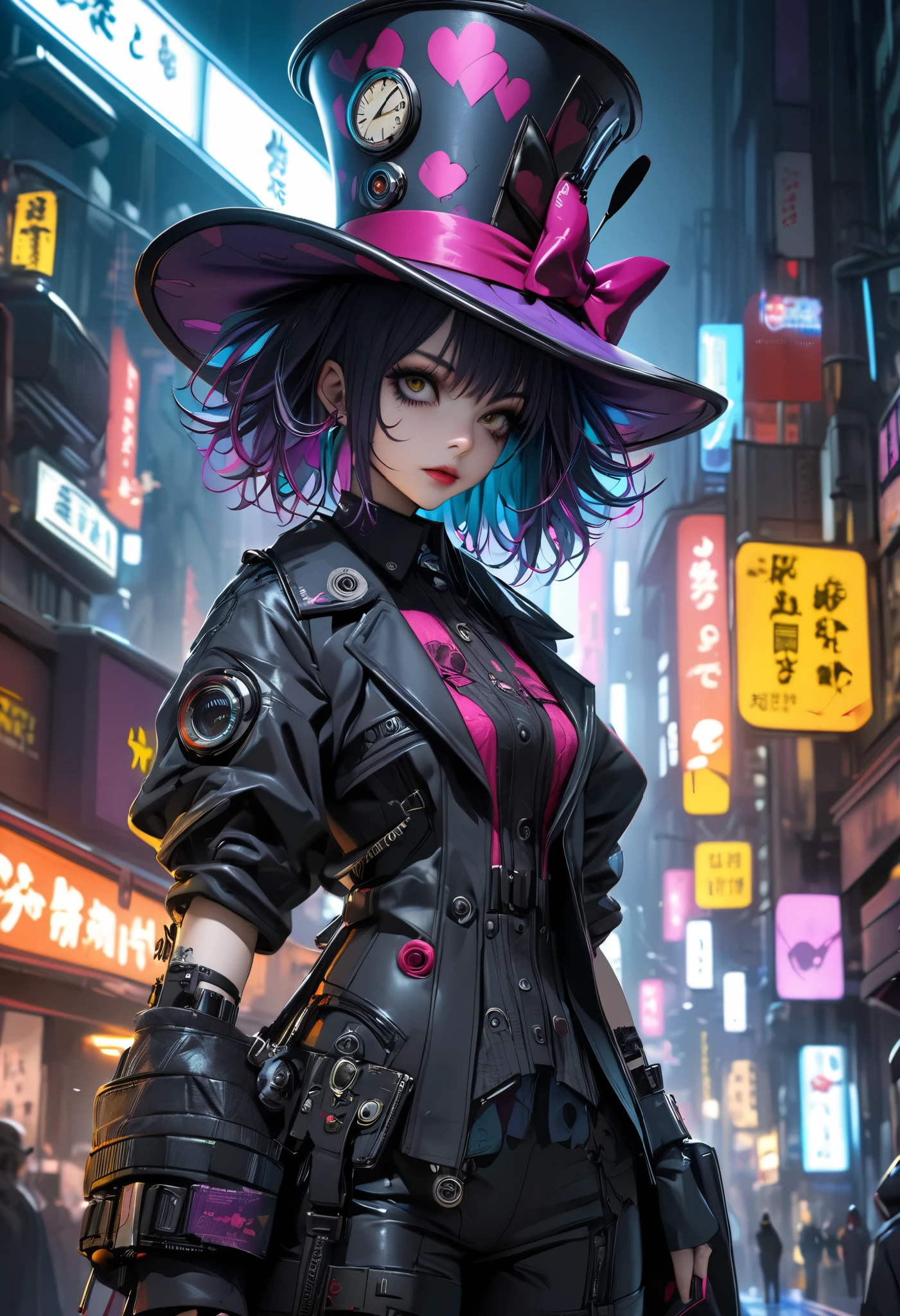 Photo, landscape, student of Shirayuri Women's University, short bob, alone. Beautiful girl. Colorful, full body, play with fire on money, money pouring down from heaven, gothic, ruffles, black shirt. Gothic, Amusement Park, Art Nouveau, Steampunk, Shinjuku Kabukicho, Neon Street、--ar 9:16 --auto --s2