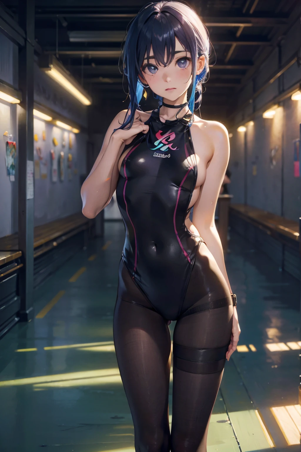 best quality, 32k, RAW photo, incredibly absurdres, extremely detailed, delicate texture, intelligent beauty, medium hair, (armpit-length hair, blue hair), aquamarine eyes, hair over one eye, (blue leotard with green accents), (tight belt), matching gloves, matching boots, ankle boots, playful, cute smile, closed mouth, outside office balcony, (body infused with frost)