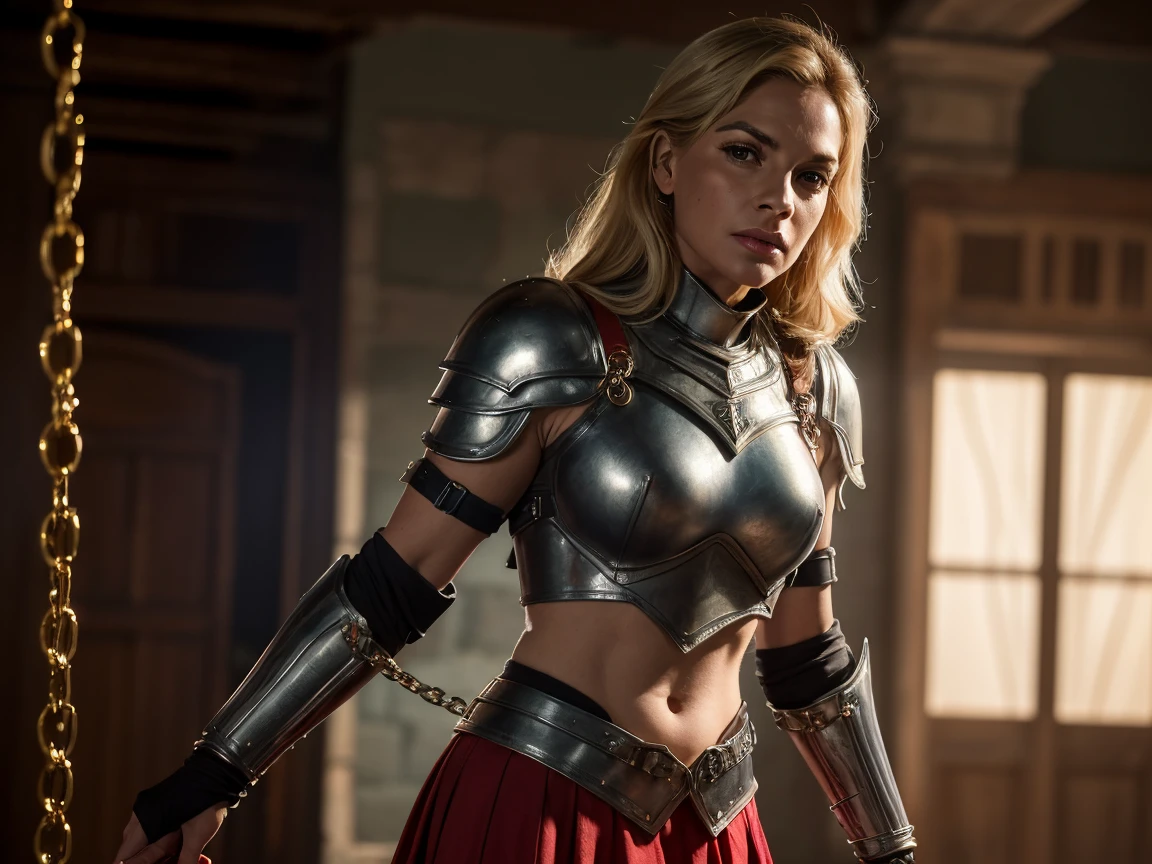Masterpiece, a beautiful Viking woman, ((Michelle Pfeiffer:0.5)), ( Viking armor), (bigbreasts), (perfect body), (blonde matted hair), (short hairstyle), welding a sword, outside, dirty, spattered with blood,(skin texture:1.1), best quality, ultra high res, Raw photo, Nikon D850, backlight, rimlight, bright sunlight, film grain:1.2, (warm hue, warm tone:1.2), (color photo), fantasy battlefield background