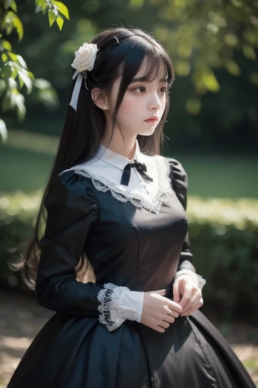 Detailed face、highlight、Japanese Girls、thigh、breast enhancement、Black Hair、Heavy bangs、Frills、skirt、