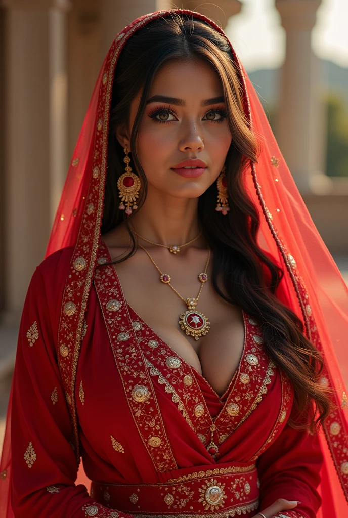 masterpiece, ultra realistic,32k,intricate details, sharp focus, realistic, closed, seductive pose, black eyes, jewelr, lips, realistic, looking_at_viewer,  wet skin, shiny skin, long sleeves, indonesian clothes, bali, Aishwarya Rai, cityscape, dynamic pose, red kebaya,full body,busty body,curvy body,long hair,beauty face,cowboy shot
