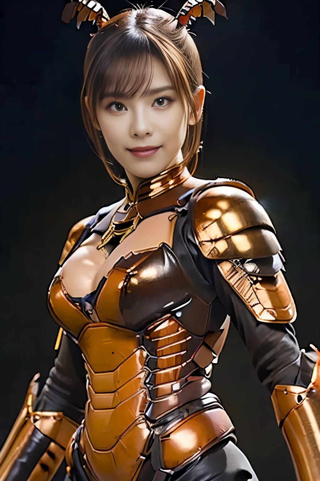 (high resolution,masterpiece,best quality,extremely detailed CG, anime, official art:1.4), realistic, photo, amazing fine details, all intricate, gloss and shiny,awesome many layers, 8k wall paper, 3d, sketch, kawaii, illustration,( solo:1.4), perfect female proportion,villainess, (fusion of queen bee and lady:1.4), (queen bee form lady:1.2), (queen bee lady:1.2), (fusion:1.2), (solo:1.4), (evil smile:1.2), muscular, abs, (queen bee exoskeleton bio insect suit:1.4), (cockroach brown exoskeleton bio insect armor:1.2), (brown transparency queen bee wing:1.4), (brown queen bee antennae:1.3),