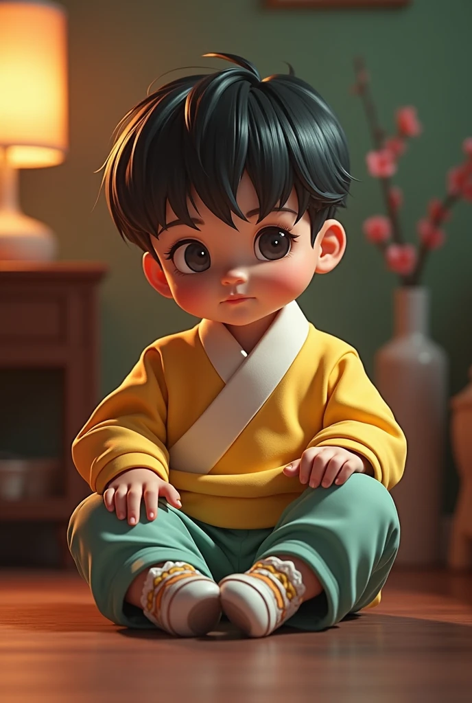 A little boy，Cry，sitting on a bed，Ancient Chinese style，art station, .CGI_animatic