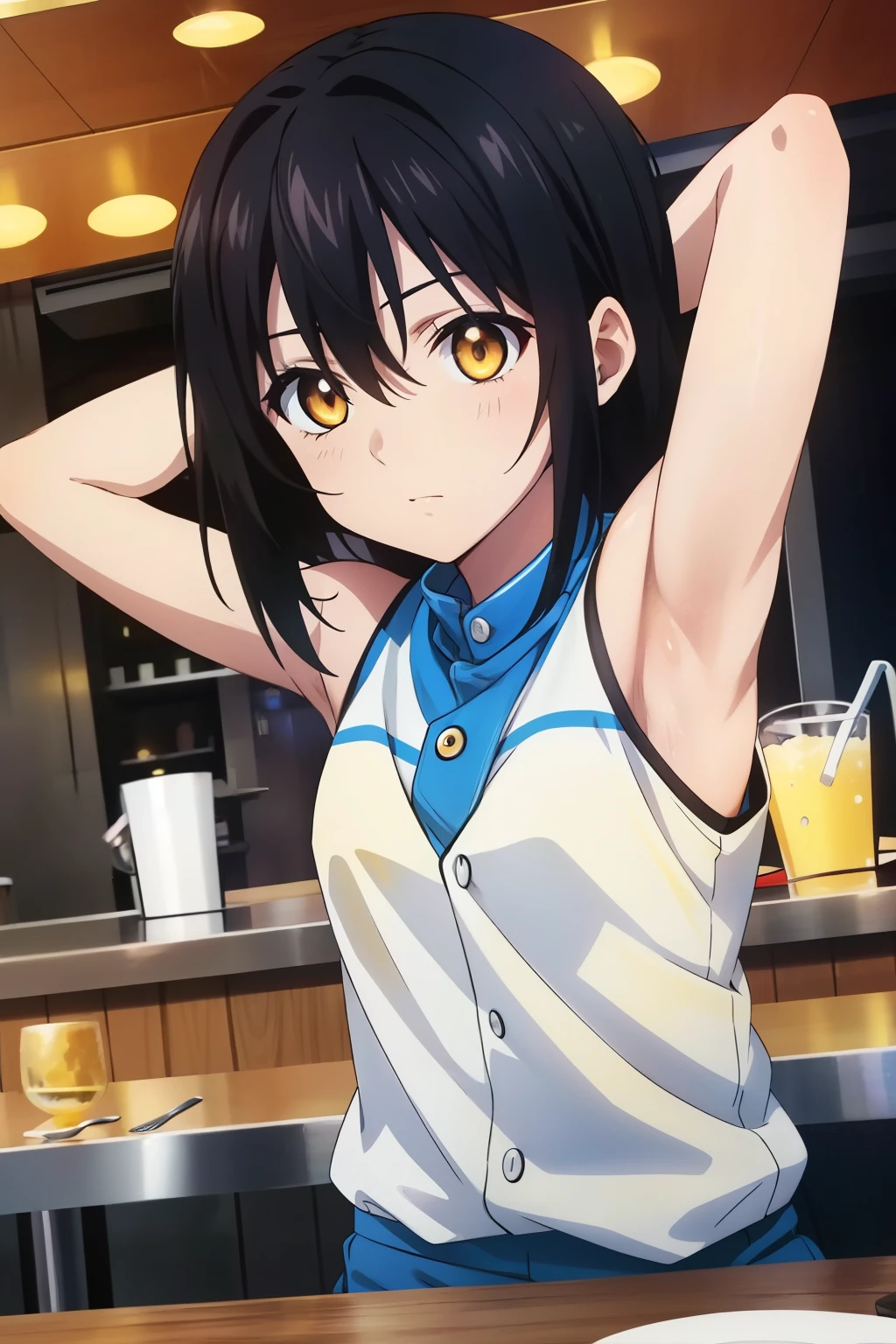 Restaurant, , medium hair, Front hair, black hair, hair between the eyes, ( yellow-eyed :1.5), wearing sleeveless shirt l, showing armpit .