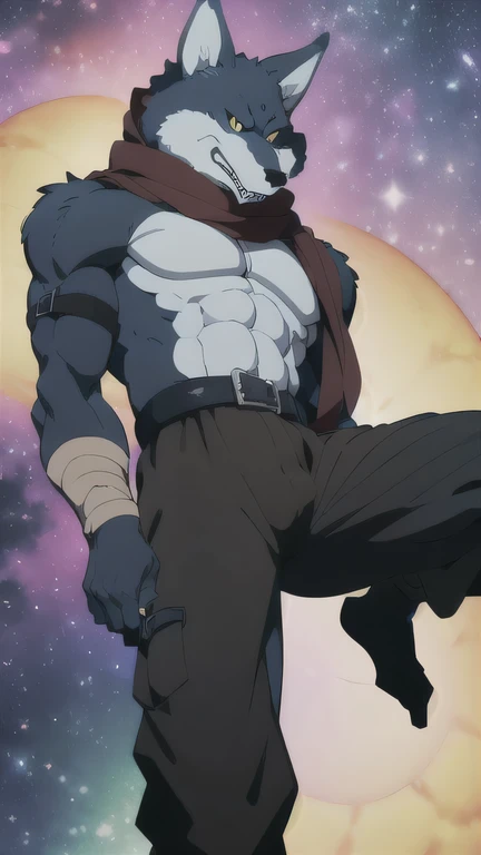 Bergamo _., posing for the camera , Presume. 4k, High resolution, the best quality , published in e621 , Alone, anthropogenic body , man , , man , (Correcting the muscles , detailed muscles , very muscular, broad chest, pectorals, biceped:1.1), correct anatomy , correct proportions, Anatomy of the Taran ,, (Space clouds, galaxy, stars:1.0), (by WFA, por taran fiddler:1.0), (by black:0.8), (shaded cell:1.2), cartoon shading, trustworthy , strong, (Long wolf tail :1.0), (pantalones, belt:1.1), ( half black :1.2), (Detailed Bergamo _Eyes of .:1.1), pose strong, looking at the camera , scarf, pose strong, bare chest intense colors, yellow eyes , fluffy wolf tail , posture lying down , legs extended , pose sexual
