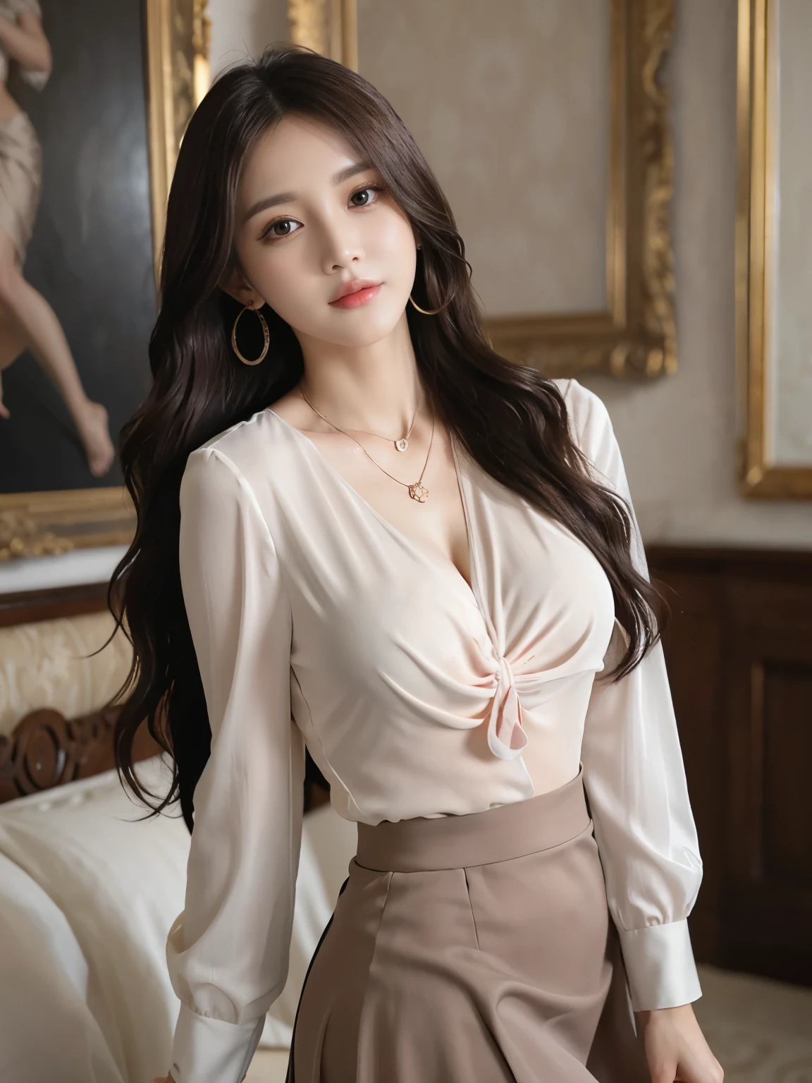 table top, highest quality, realistic, Super detailed, finely, High resolution, 8k wallpaper, 1 beautiful woman,, sharp focus, perfect dynamic composition, beautiful and detailed eyes, thin hair, Detailed realistic skin texture, smile, close-up portrait, model body shape、president'secretary、mini skirt、high heels、whole body、suit,((brown semi-long hair:1.2))((Gentle inward-curving waves:1.2)),((gold necklace_big earrings:1.2)),((shy smile:1.3)),((blouse and skirt, Wearing a white silk blouse,Please wear a white shirt and a dark purple skirt.:1.3)), 、whole bodyショット、((Standing whole body figure supermodel, whole bodyがフレーム内に収まる))、in a luxurious room、