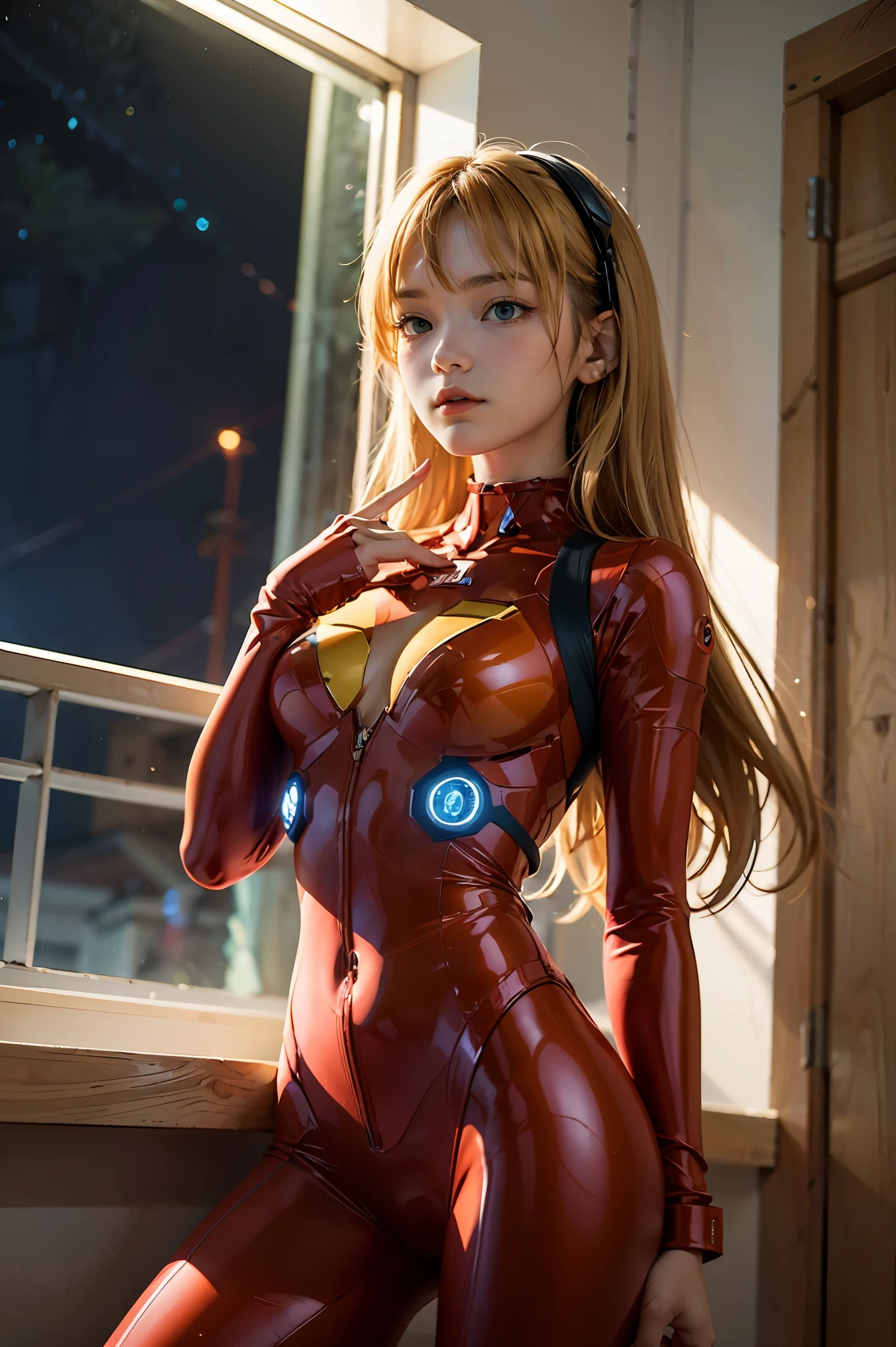 realisitic、a picture、high-level image quality、solo、Perfectly detailed face、Detailed blue eyes、ighly detailed、red blush、hair adornments、Chignon mahogany hair、(blonde hair)、Plug Suit 02,Shikinami Asuka Langley、slender beautiful legs、 Young face、pretty eyes、full body suits、Torn suit、Chest flutters、Chest exposed、Background of Hakone
