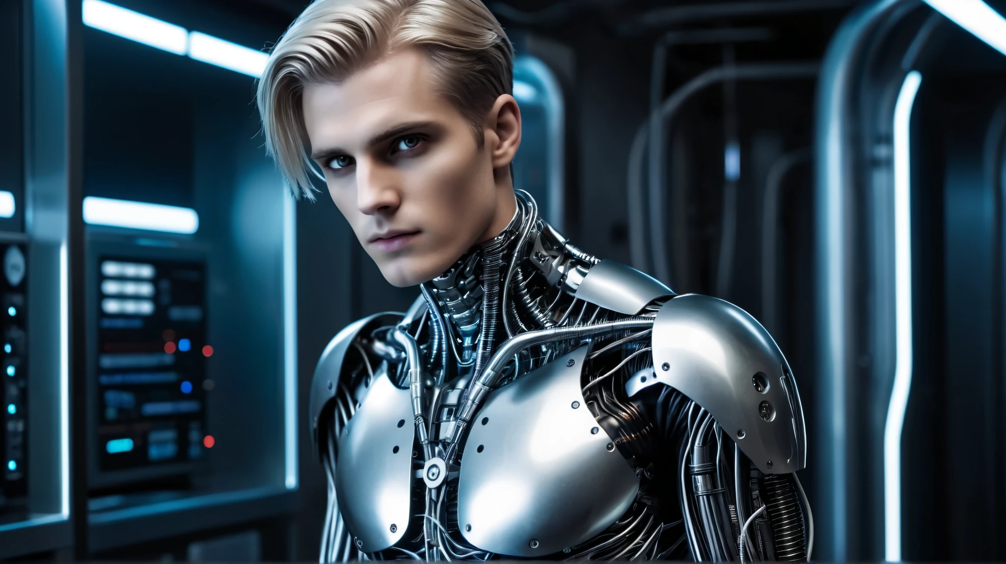 epic cyberpunk android young male model Carlisle Cullen con cuerpo de Cyborg y con estilo de HR Giger, en su despacho futurista de médico. Imagen diurna.Imagen muy realista, silver eyes, wires in the nec and circuits (perfectly-lit, crisp focus, absurdres, 8k UHD, HDR, vivid color, depth of field, contrast, clarity, balance)