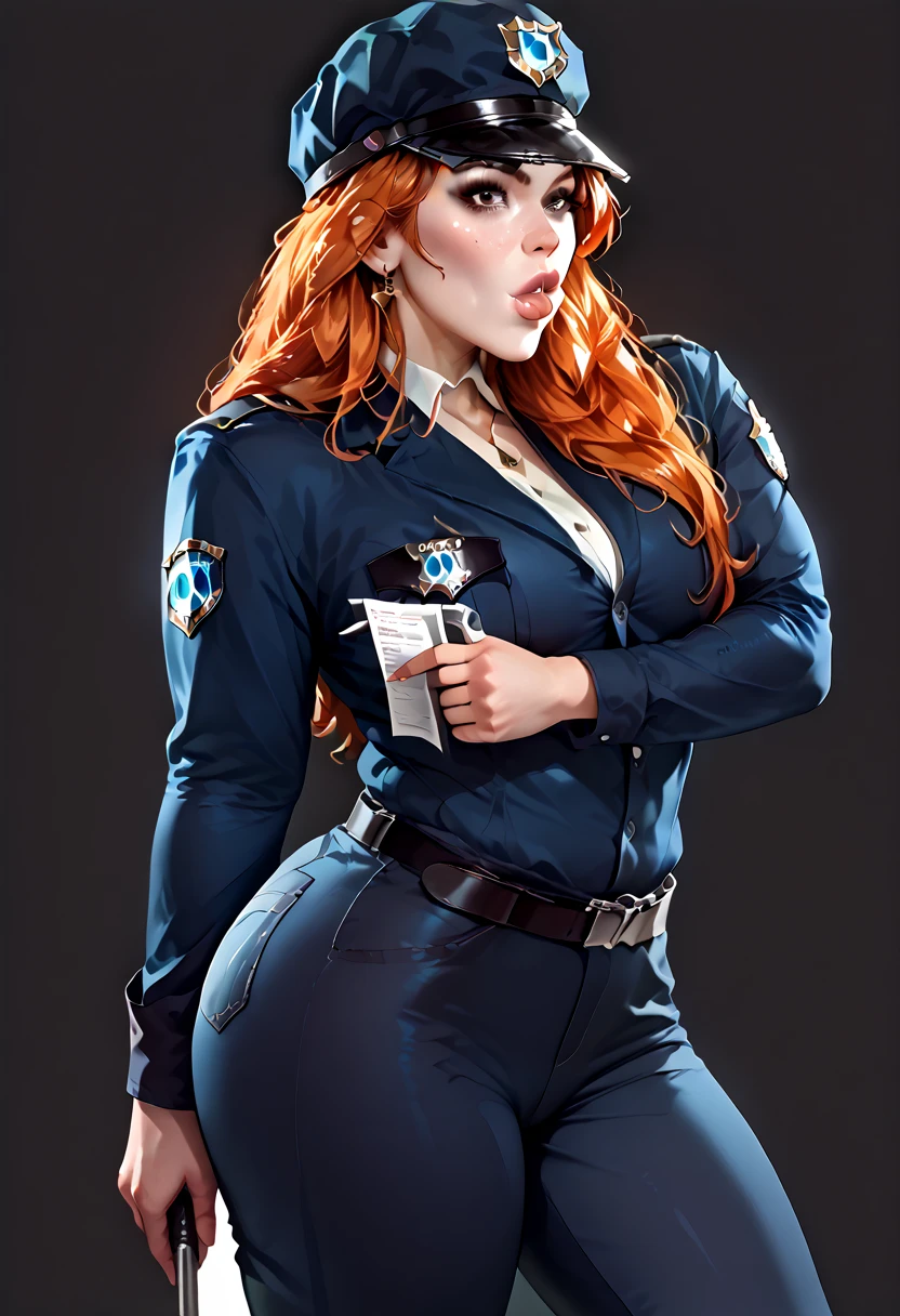 (best quality,ultra-detailed,photo-realistic:1.37),bright and vibrant colors,studio lighting,playful expression,stylish makeup,Police Woman,hair flowing in the wind,alluring eyes,glossy lips,sexy pose, smiling in a confident and seductive way,posing for a professional photoshoot,shallow depth of field,highlighting the main subject,soft natural lighting,creating a dreamy and magical atmosphere. Ginger hair