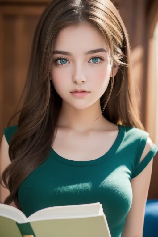 masterpiece, top quality , ultra detail), Portrait of an 18-year-old woman with light brown hair, Green round eyes, blue shorts ( Technical Background ) and reading a brown book - Auto Ultra Realistic -