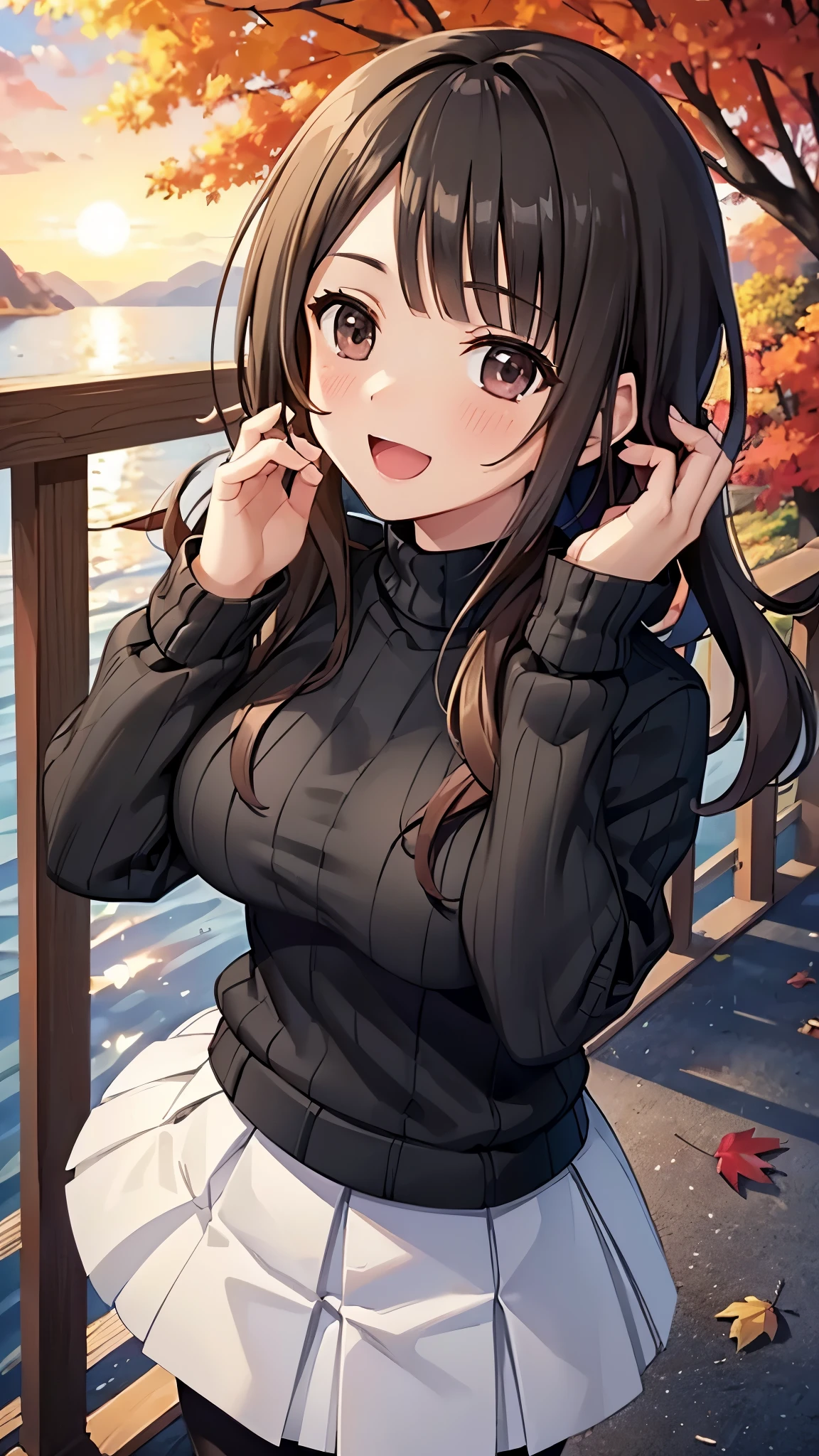 (top quality, greatest masterpiece),okitasawa,low twintale,(ribbed black sweater:1.3),white long length skirt,break,black pantyhose, anatomically correct body , looking at the camera, very detailed facial features, beautiful and perfect face,(:d:1.3),((over head shot:1.3)),autumn leaves,Park in the evening, looking at the camera, Front Angle,sunset,red cheek:1.3,cowboy shot:1.3,