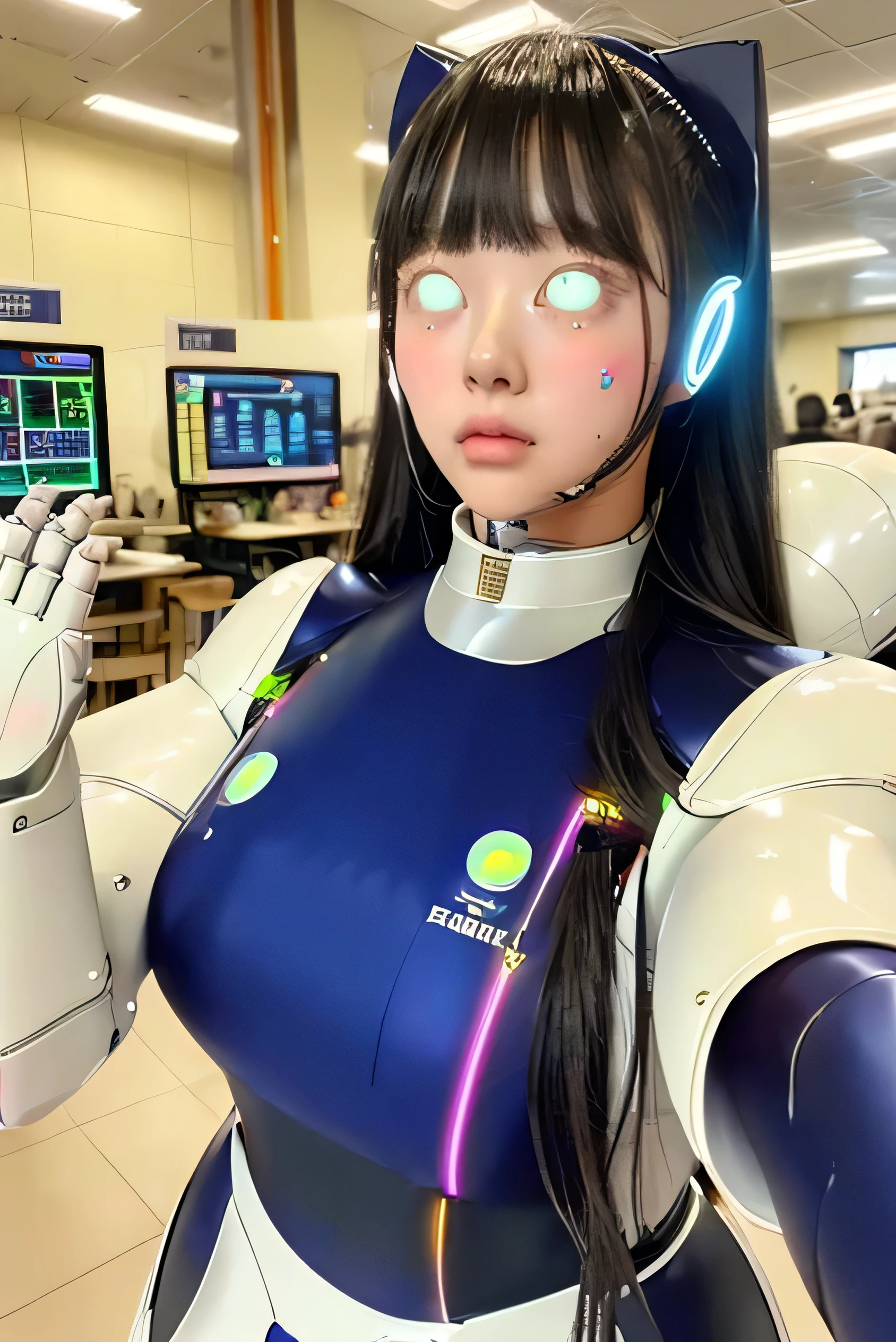 masterpiece, best quality, extremely detailed,portrait,front view,Japaese android girl,high,ager,Plump,pas color uniform, control panels,android,Droid,Mechanical Hand, Robot arms and legs,long hair,long tube,thick cable connected her neck,shirome,(Glowing Eyes Meme:1.2)