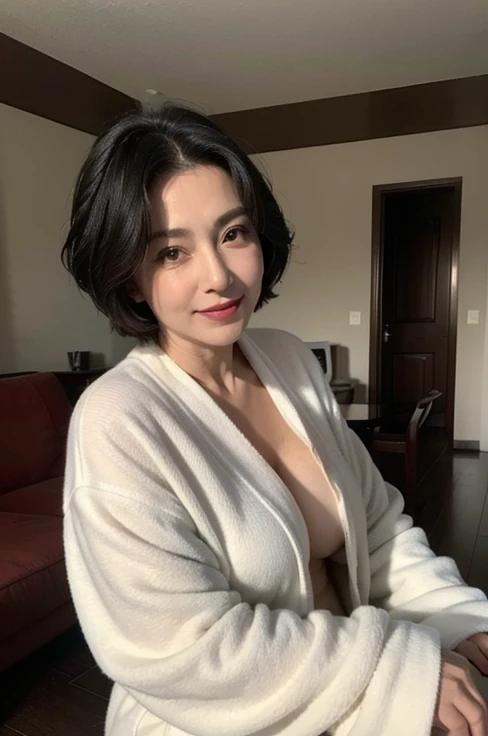 Instagram selfie , Beautiful 23 year old Japanese woman , smile , Detailed skin、face、eye , Natural light , at home , Short Hair, Wearing cute pajamas , Film Grain, Low contrast, 自然なface , Black Hair , Cleavage、Multiple moles、Fair skin