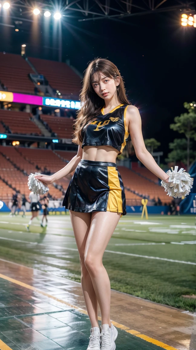 (8k, masterpiece, best quality, high resolution, photorealistic), (1 girl), meticulously drawn night stadium, cheerleader, sweat-soaked skin, ruffled miniskirt, knee-high boots, 18 years old, realistic face, double eyelids, model body shape, beautiful Japan, super densely drawn body, realistic arms, realistic hands, realistic feet, smile, soft lighting, focus on faceStanding, Lighting on Face, Small Face