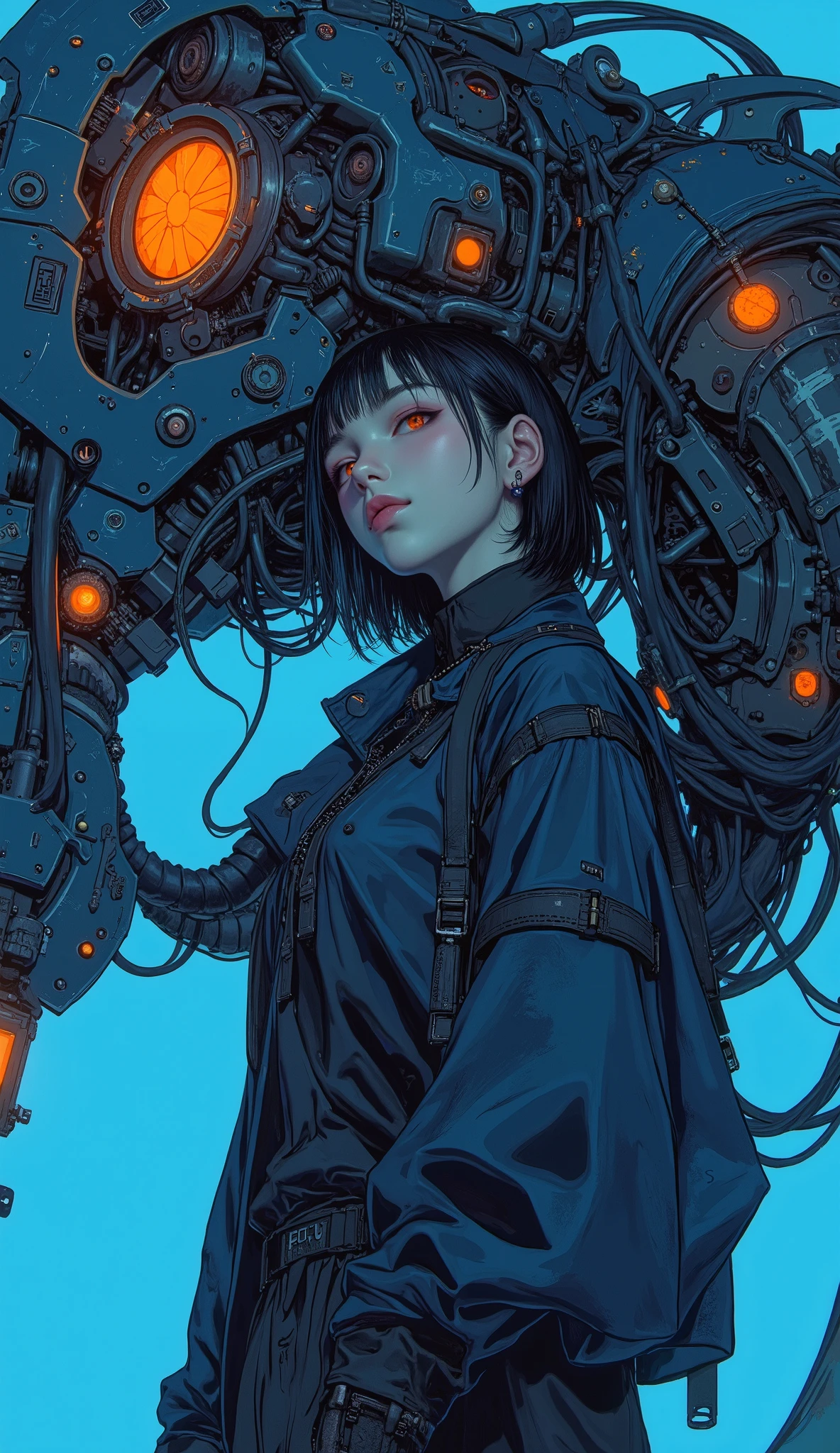 There is a close-up image . eventually 、 and it has a futuristic mechanical design , in bright dark blue and orange shades . parts look complicated , with lots of wires , pipe, machine parts are clearly visible 、 Very pretty Japanese high school girl 、 black hair、 short hair、Pants、 in cyberpunk and mecha styles , in dark blue and orange tones .
