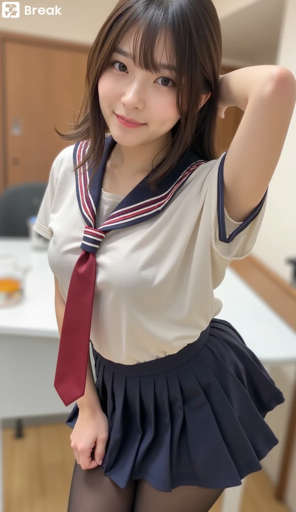 A neat and tidy 、(school uniform、Sailor suit、A red ribbon tied around her chest、Summer clothes、The upper body is white、The skirt is navy blue)、Inside the school、(slim)、Realistic、detailed, Skin Texture, 超detailed、Delicate and sexy collarbone、A sloppy smile、スーバーdetailedな顔、detailed唇、detailedな目、Small breasts、Small breasts、、Small breasts、Flat Chest、Bright Face、((Are standing、White and light blue striped panties are visible、She is taking off her skirt with both hands、Pull down your skirt with both hands、She is unzipping her skirt with both hands.))、Twin tails、Top View、8-year-old