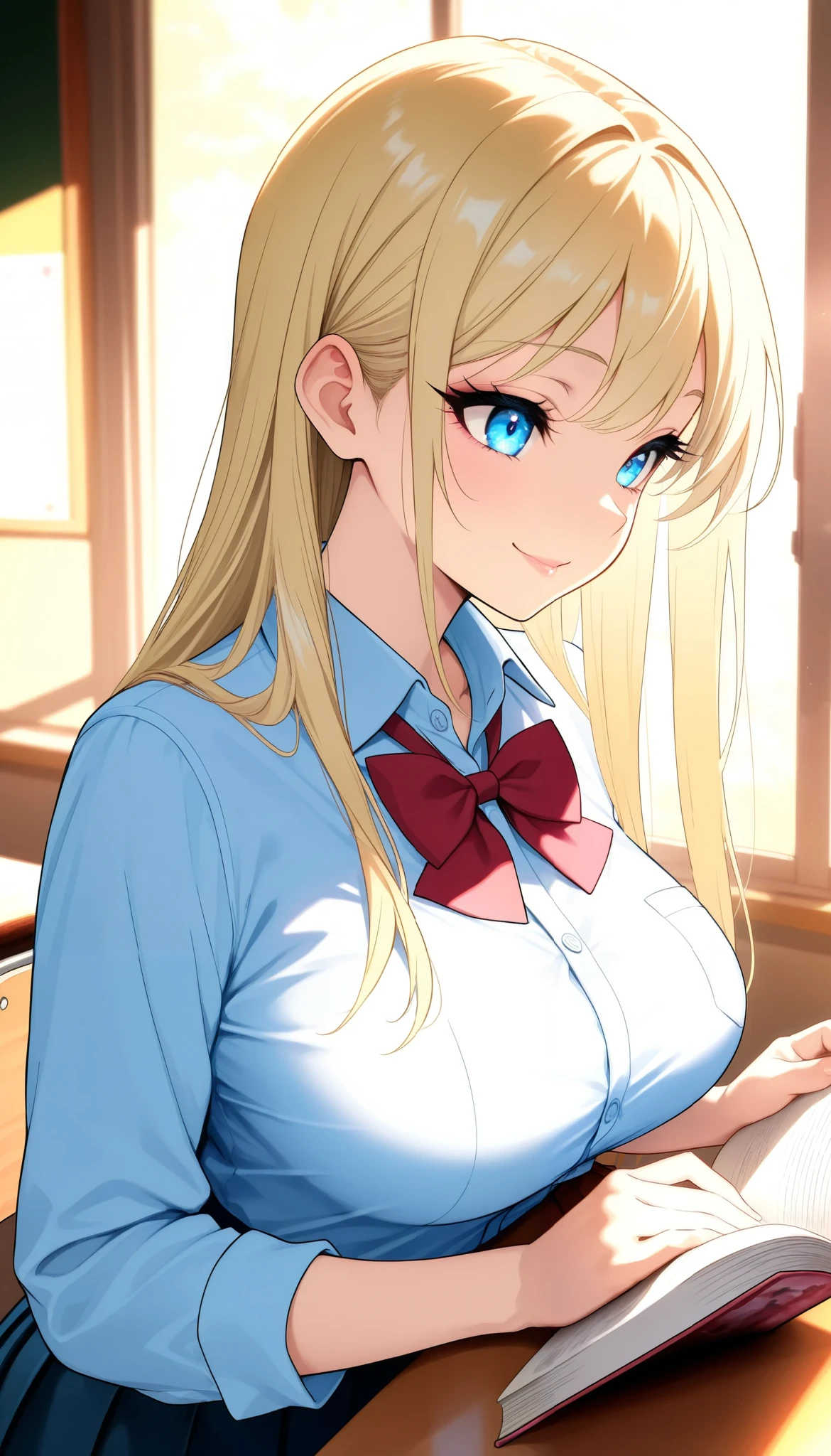 (NSFW:1.2), No modification, table top, (absurd:1.1), very detailed and beautiful, anime style, 1 girl, blue eyes, blonde, Sheer blouse, Unbuttoned blouse, open shirt, pleated skirt, hair clip, small breasts, classroom, Peace sign by hand, lying on the desk with legs apart, Bend your knees and open legs, twin tail hair, sweating, chest comes out, 1 boy, (sex:1.3)
