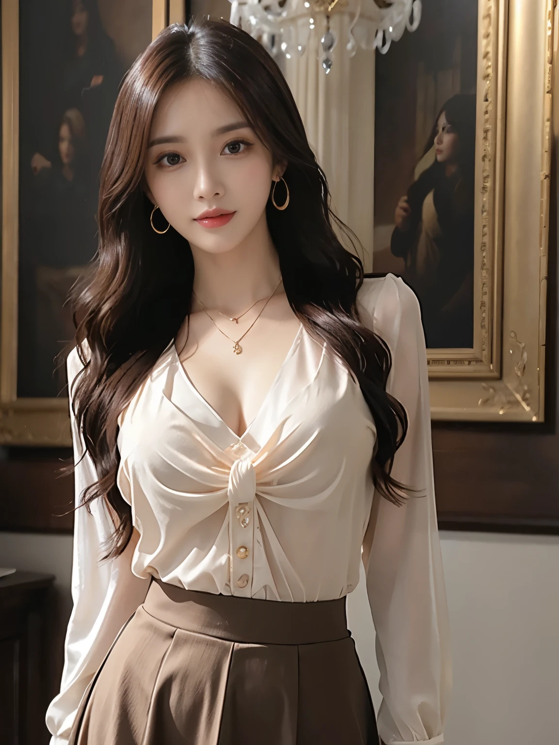 ulzzang -6500-v1.1, (Raw photo:1.2), (Photorealsitic), Beautiful detailed, (Real: 1.4), ighly detailedな目と顔, beatiful detailed eyes, Standing in the office、(high-heels)、Standing cross-legged、huge filesize, hight resolution, ighly detailed, top-quality, [​masterpiece:1.6], illustratio, ighly detailed, nffsw, finely detail, top-quality, 8k wallpaper, Cinematographic lighting, 1 milf, 43 yeas old, perfect body type, cute droopy eyes beautiful big eyes、Pieckfinger, ((masutepiece)), Best Quality, 1 milf, eye shadow, Portrait, ((FULL BODYSHOT:1.4))、(Very affectionate smile:1.2)、((Super long brown hair:1.2))、((Hair with loose waves inside:1.2)),((gold necklace＿Large earrings:1.2)),((shy smile:1.3)),((white long sleeve button blouse_brown tweed miniskirt:1.3)),
