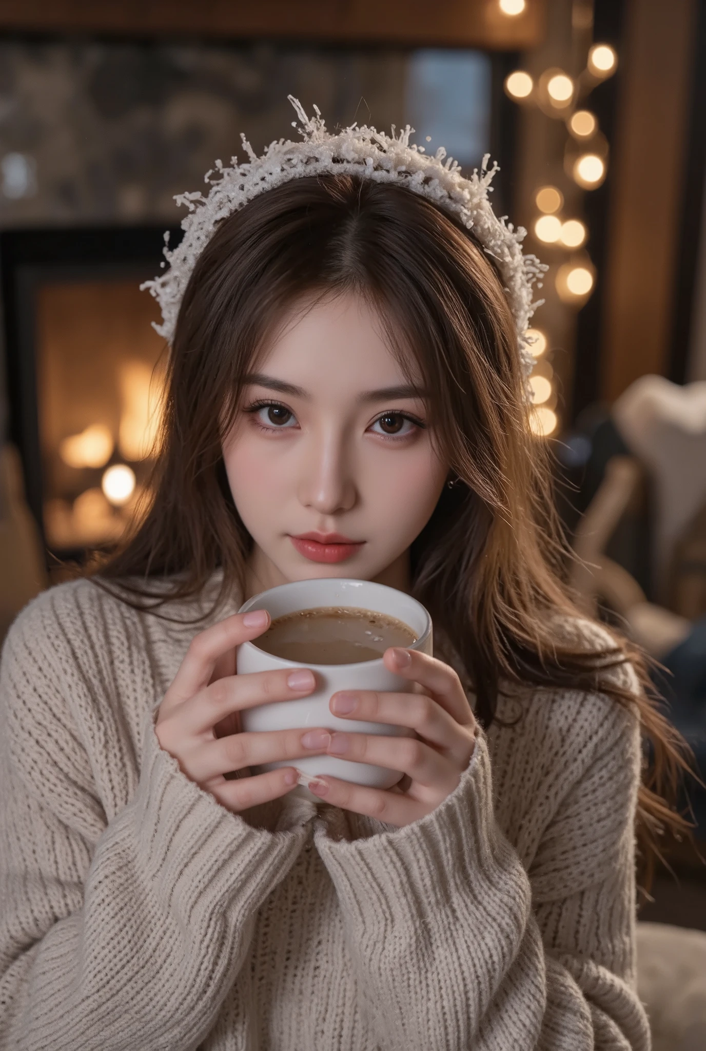 Ultra high resolution portrait photography, beautiful woman, snow, frost, fireplace,A warm house, hot drinks, Winter Festival