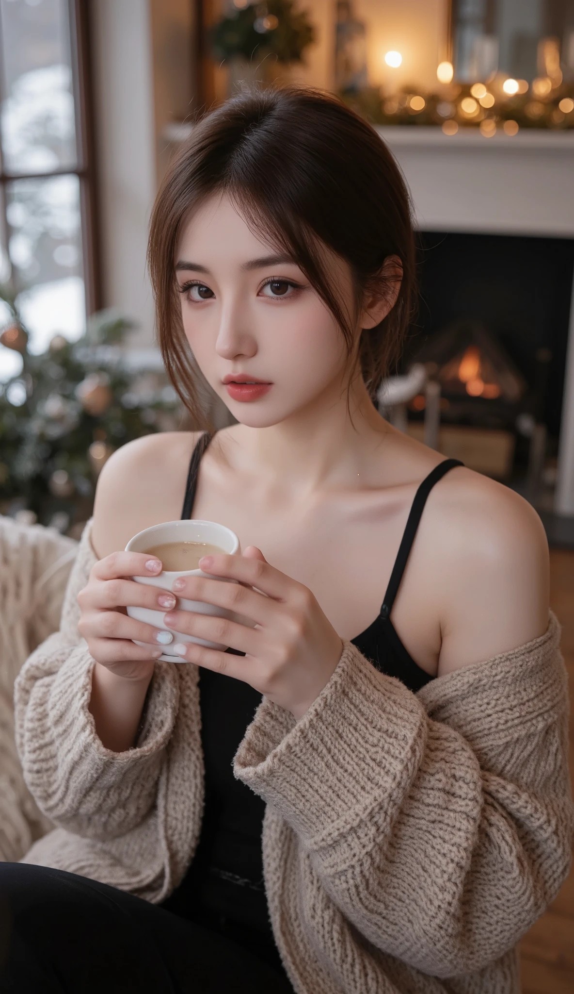 a beautiful young woman, snow, frost, fireplace, cozy home, warm drink, winter festival, (best quality,4k,8k,highres,masterpiece:1.2),ultra-detailed,(realistic,photorealistic,photo-realistic:1.37),extremely detailed face and eyes,beautiful long eyelashes,flawless skin,warm lighting,soft shadows,holiday atmosphere,winter wonderland,winter holiday,Christmas celebration,snow covered trees,festive decorations,steam from hot drink,glowing fireplace,winter landscape