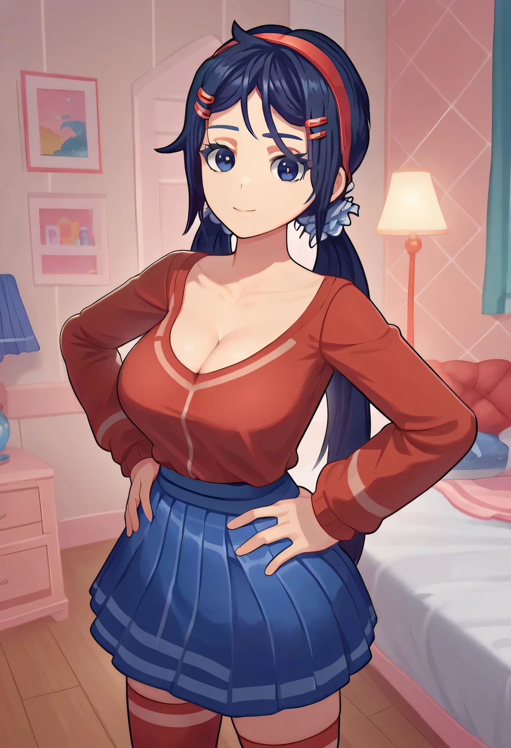 score_9, score_8_up,sharp focus,, absurdres, highres, illustration, mi_ta, 1girl, dark blue eyes, dark blue hair, braids hair, hairband, scrunchie, barrette pins, hands on hip, blouse, skirt, red stockings, CLEAVAGE, large breasts, looking at viewer, solo, bedroom,