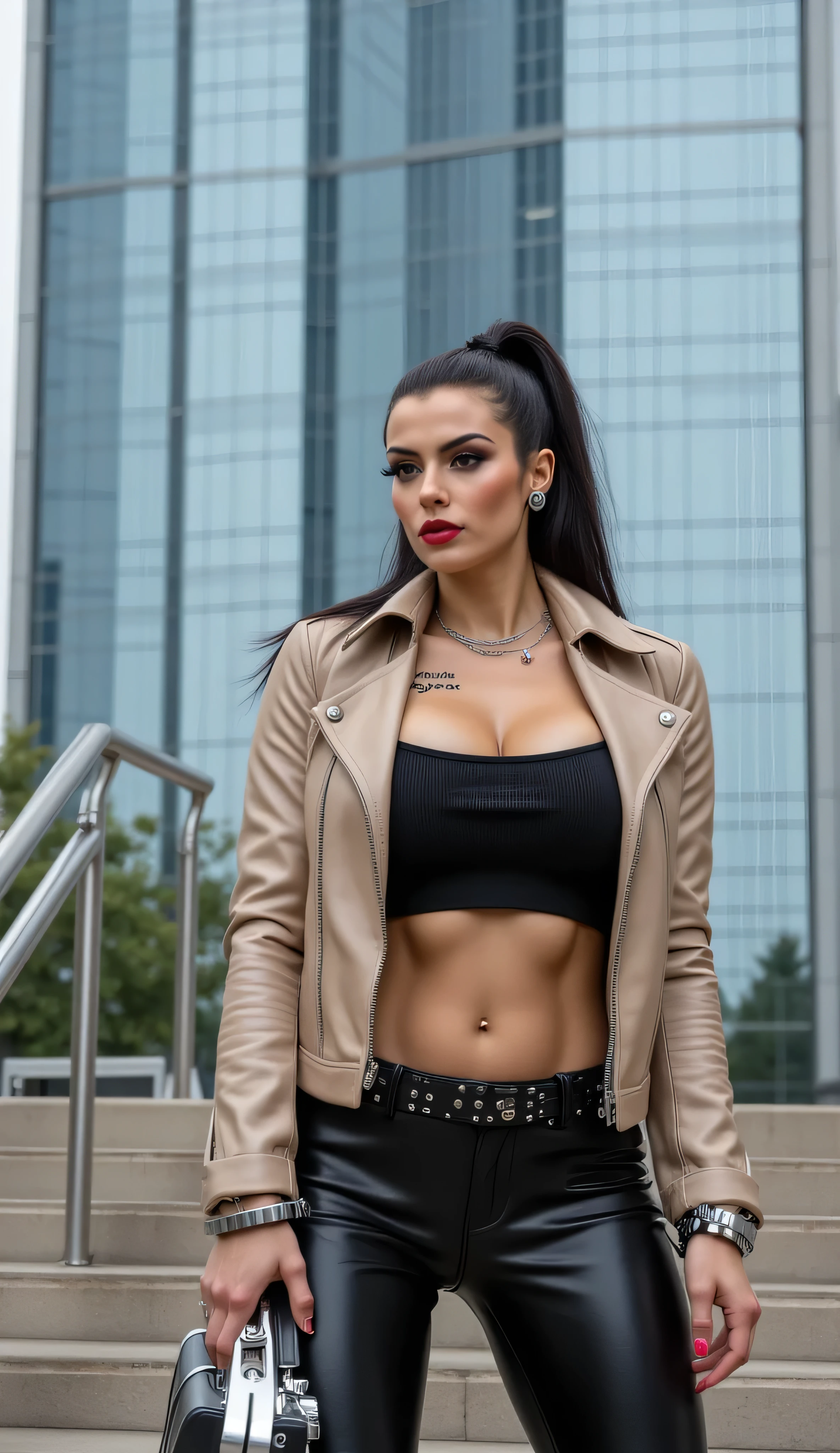 an athletic brunette with long black hair, abs, leather top, leather skirt, gothic makeup, gothic necklaces, neon lights, retrowave vibe