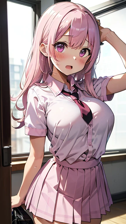 (masterpiece、highest quality、Super detailed)、((1 girl))、((pink hair))、((twin tails))、((light blue eyes))、((Ahegao))、((roll your eyes))、vapor、earrings、((very big breasts))、nurse cap、((White shirt nurse uniform))、((mini skirt))、((Pencil Skirt Lift))、((pink lace panties))、cowboy shot、((remote_play))、remote-vibrating-egg、throw、((1 boy))、((Someone else's hand holding a pink round remote control:1.3))、hospital background、((NSFW))