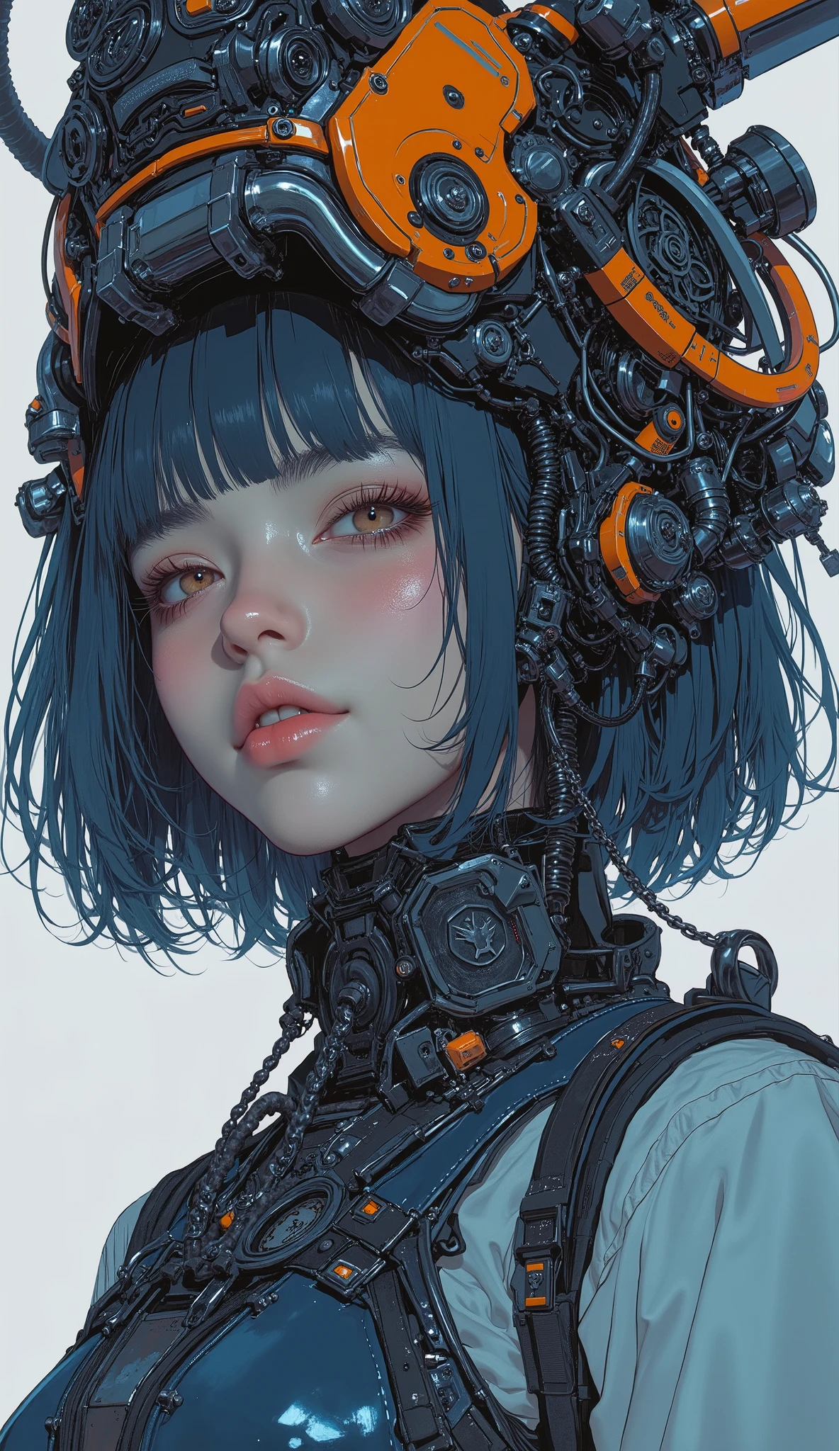 There is a close-up image . eventually 、 and it has a futuristic mechanical design , in bright dark blue and orange shades . parts look complicated , with lots of wires , pipe, machine parts are clearly visible 、 Very pretty Japanese high school girl 、 black hair、 short hair、Pants、 in cyberpunk and mecha styles , In white and orange tones .