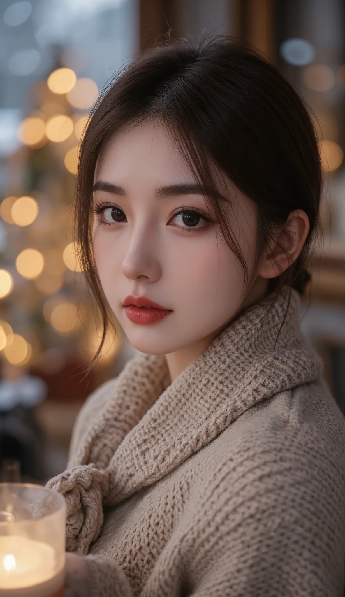 best quality,4k,8k,highres,masterpiece,ultra-detailed,realistic,photorealistic,photo-realistic,extremely detailed face and eyes,beautiful long eyelashes,flawless skin,warm lighting,soft shadows,holiday atmosphere,winter wonderland,winter holiday,Christmas celebration,snow covered trees,festive decorations,steam from hot drink,glowing fireplace,winter landscape