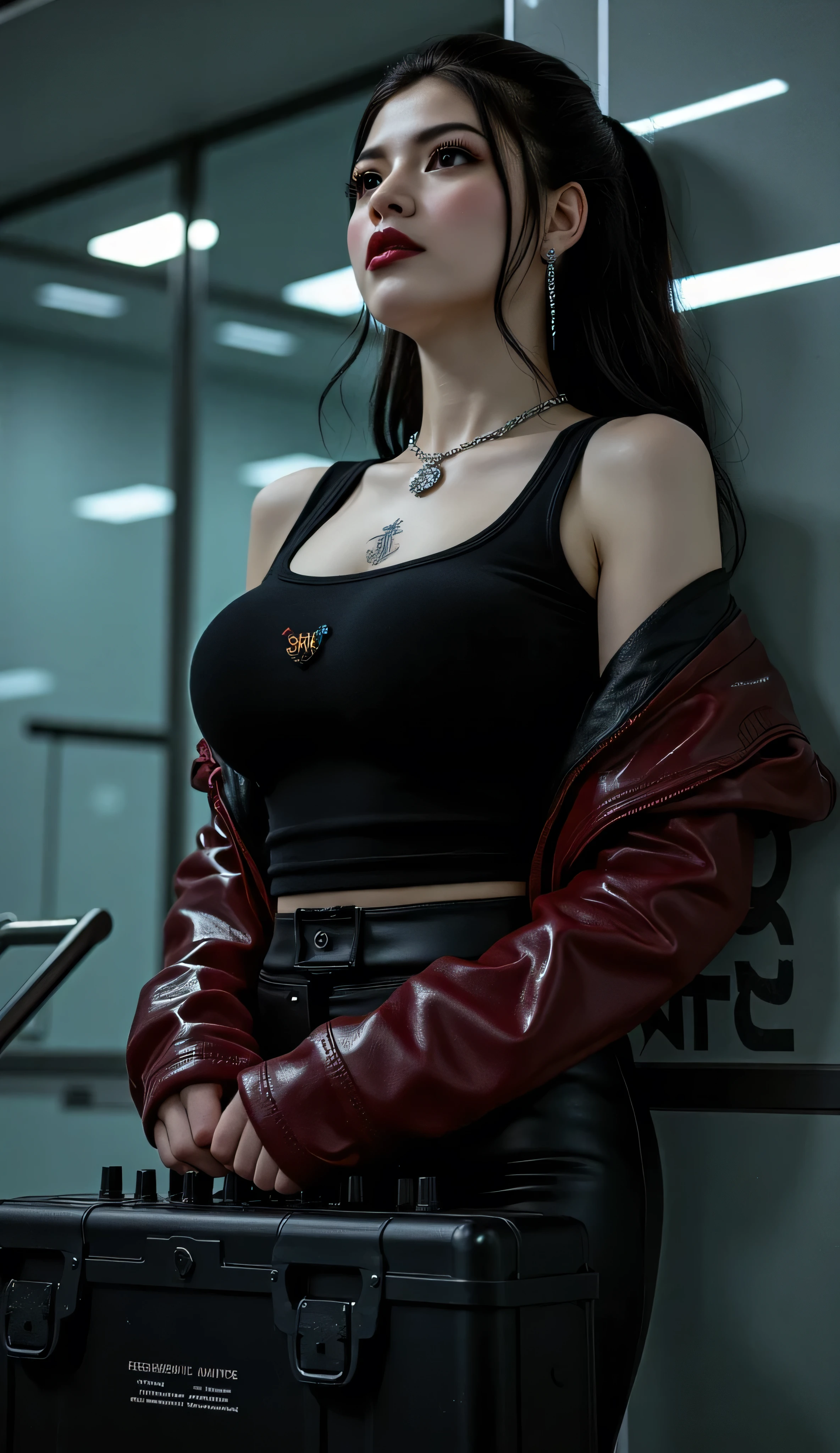 ((best quality, masterpiece, score_9, score_8_up, realistic photograph, life-like realism, hourglass figure, fluxbodybuilder)), beautiful 19 year old Russian girl, sultry female, glossblack hair top ponytail, windy, pale skin, (((photo of a hardened female criminal, maroon leather jacket, unzipped, black t-shirt, black leather pants, chrome rivets, silver neck chain, abdominal muscles, oversized breasts, narrow hips, head tilted, bright red lips, (((blackout eyeshadow goth)))))), arrogant, concentrating, she is holding a futuristic security case handcuffed to her wrist, she has the word "FIERCE" tattooed in black on her left breast, knobs, buttons, and sliders, standing in front of a corporate office building mirrored glass front wall, she's at the bottom of the stairs, leaning back against the handrail, smug look of superiority, night, dark, dim lighting, overexposed