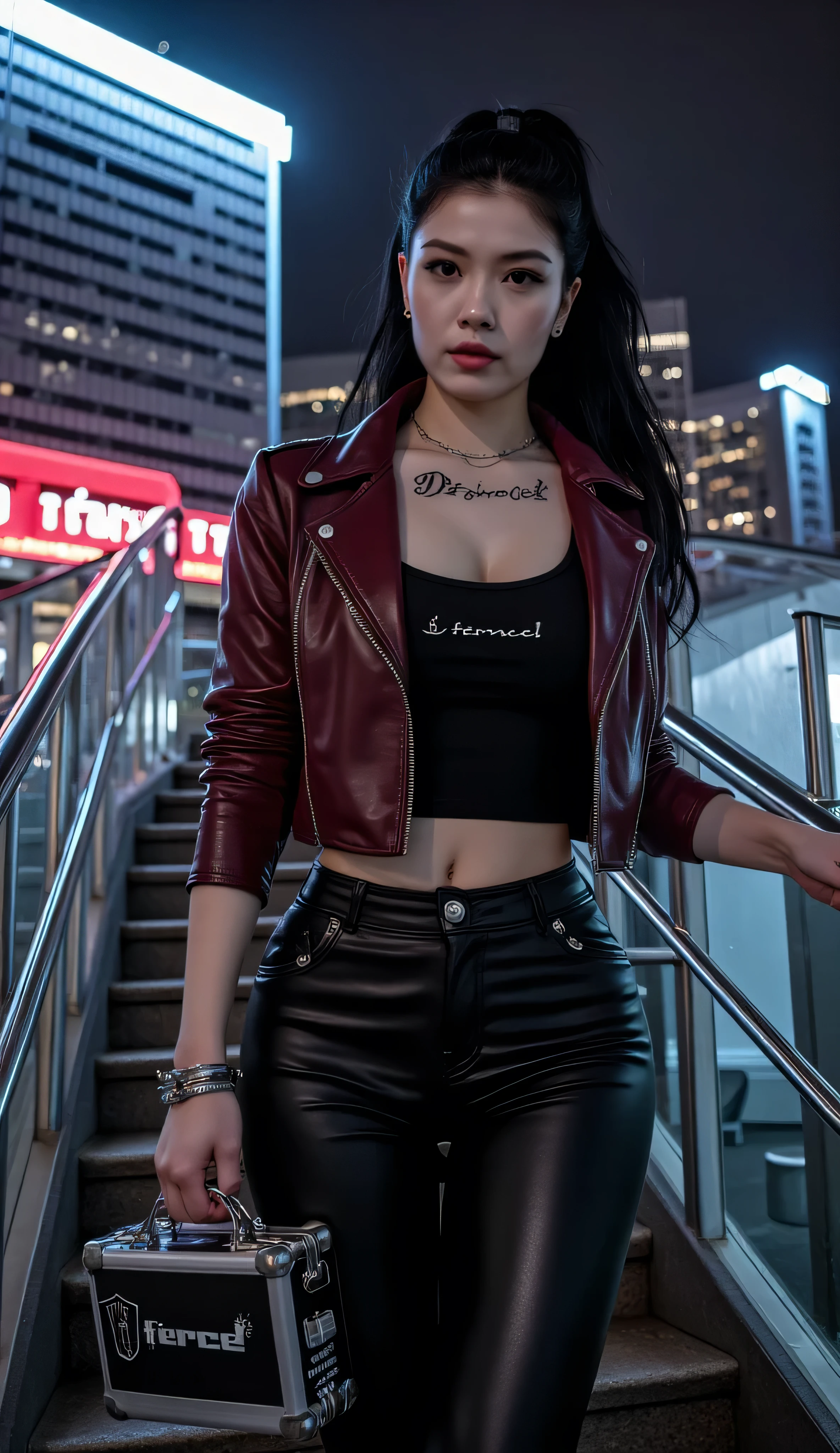 ((best quality, masterpiece, score_9, score_8_up, realistic photograph, life-like realism, hourglass figure, fluxbodybuilder)), beautiful 19 year old Russian girl, sultry female, glossblack hair top ponytail, windy, pale skin, (((photo of a hardened female criminal, maroon leather jacket, unzipped, black t-shirt, black leather pants, chrome rivets, silver neck chain, abdominal muscles, oversized breasts, narrow hips, head tilted, bright red lips, (((blackout eyeshadow goth)))))), arrogant, concentrating, she is holding a futuristic security case handcuffed to her wrist, she has the word "FIERCE" tattooed in black on her left breast, knobs, buttons, and sliders, standing in front of a corporate office building mirrored glass front wall, futuristic neon cyperpunk signs, steampunk neon, she's at the bottom of the stairs, leaning back against the handrail, smug look of superiority, night, dark, dim lighting, overexposed