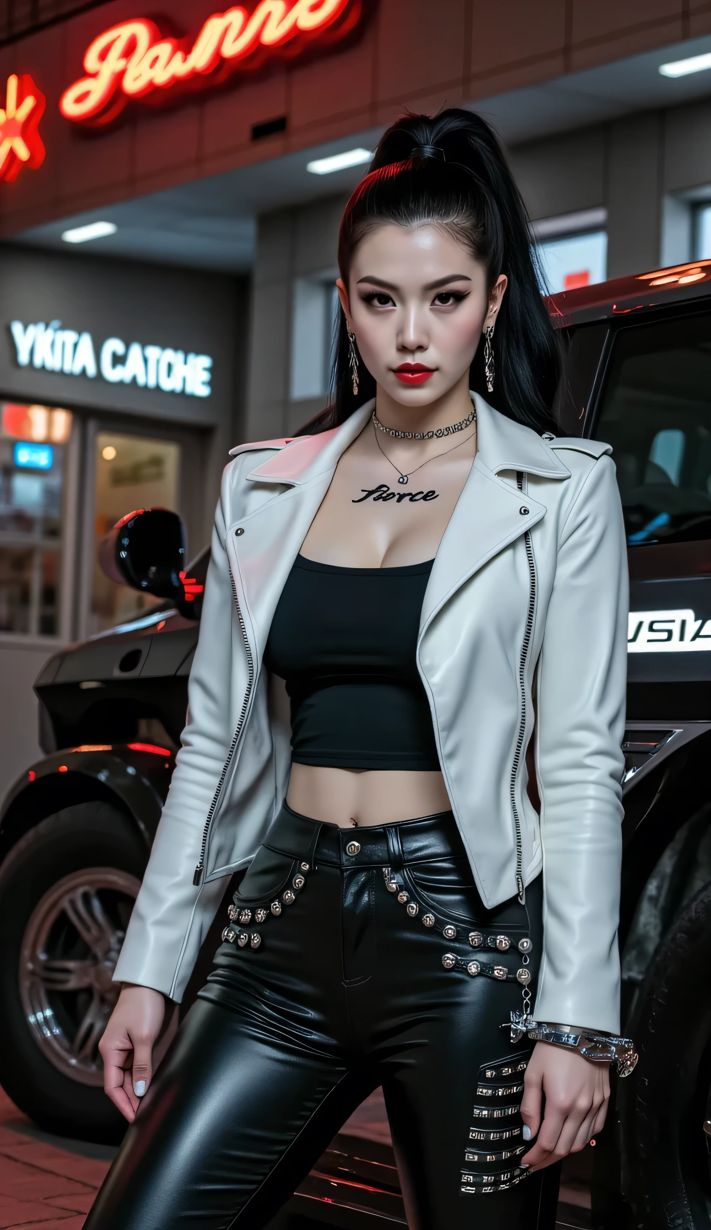 ((best quality, masterpiece, score_9, score_8_up, realistic photograph, life-like realism, hourglass figure, fluxbodybuilder)), beautiful 19 year old Russian girl, sultry female, glossblack hair top ponytail, windy, pale skin, (photo of a hardened female criminal, white leather jacket, unzipped, black t-shirt, black leather pants, chrome rivets, silver neck chain, abdominal muscles, oversized breasts, narrow hips, head tilted, bright red lips, (((((blackout eyeshadow goth)))))), arrogant, concentrating, she is holding a futuristic security case handcuffed to her wrist, she has the word "FIERCE" tattooed in black on her left breast, knobs, buttons, and sliders, standing next to a futuristic vehicle, steampunk cybernetic armored weaponized military matteblack van, futuristic neon cyperpunk signs, steampunk neon, smug look of superiority, night, dark, dim lighting, overexposed
