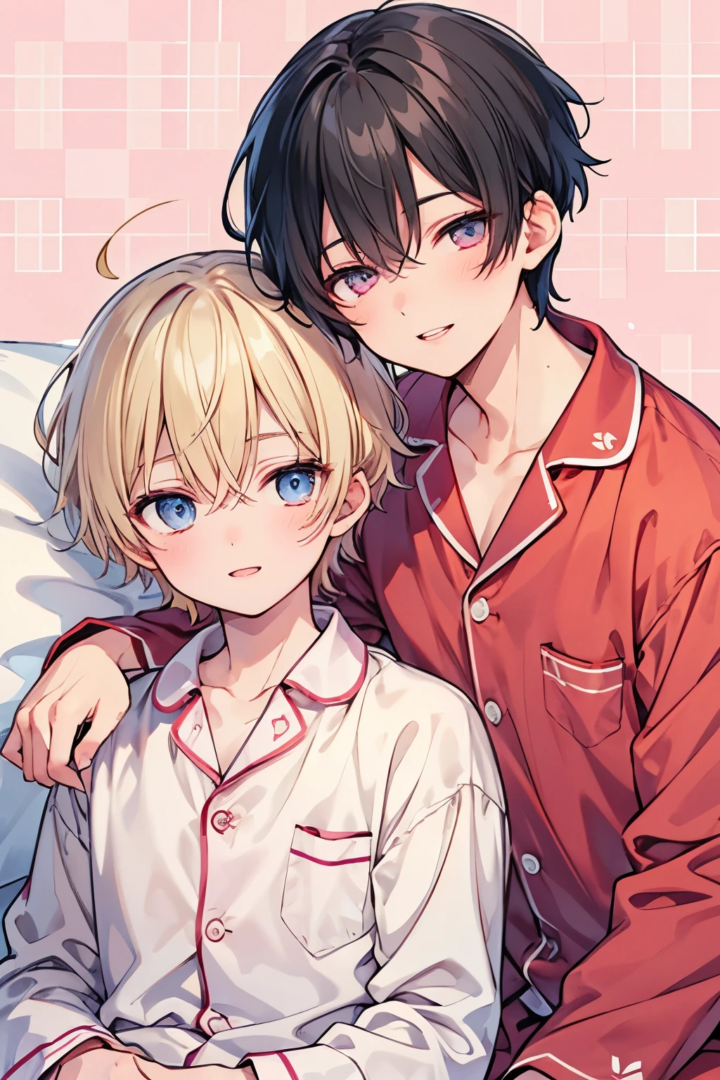 Blonde, black hair, For Men, Medium Hair ,blue eyes , pink eyes,Beautiful Boy, skinny,lips,2 boys, , Yaoi, Checkered background,((on bedding:0.8)), happy expression ,おはよう☀️, sleeping pajamas , sleeping hair