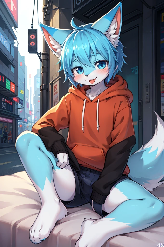 Fluffy, Lovely, woman, Blue fur, Small amount of orange fur, Light blue pupils, Pure white ears,Ear tip orange,Sky blue with a little orange tail, Tail tip orange, Good shape,No clothes