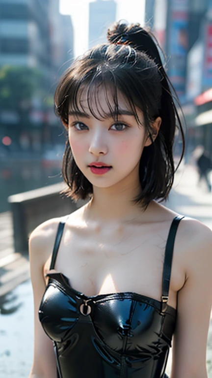 (skin blemish:0.8), (skindentation), black eye, 1woman, 25yo, (((woman))), solo, realistic, best quality, photorealistic, masterpiece, 8k, high res, solo, extremely detailed face, (professional lighting, bokeh), (light particles, lens flare, glowing particles:0.6), (dynamic pose:1.2), soft lighting, top angle view, fashionable and trendy atmosphere, japan, (beach), ((daytime)), sky, ((looking at the viewer:1)), (looking at the camera),(portrait:0.6), (whole body photo:1), gorgeous, standing, keep original facial proportion, wide shoulder, (medium breast), (medium hair), pony tail, brown hair, floating hair, lips, lipstick, seductive smile, floating hair, smile, open mouth, teeth, (one-piece swimsuit:1), eyelashes, mole, (mole under eye:1), mature body, <lora:Chinesegirl02:0.8>