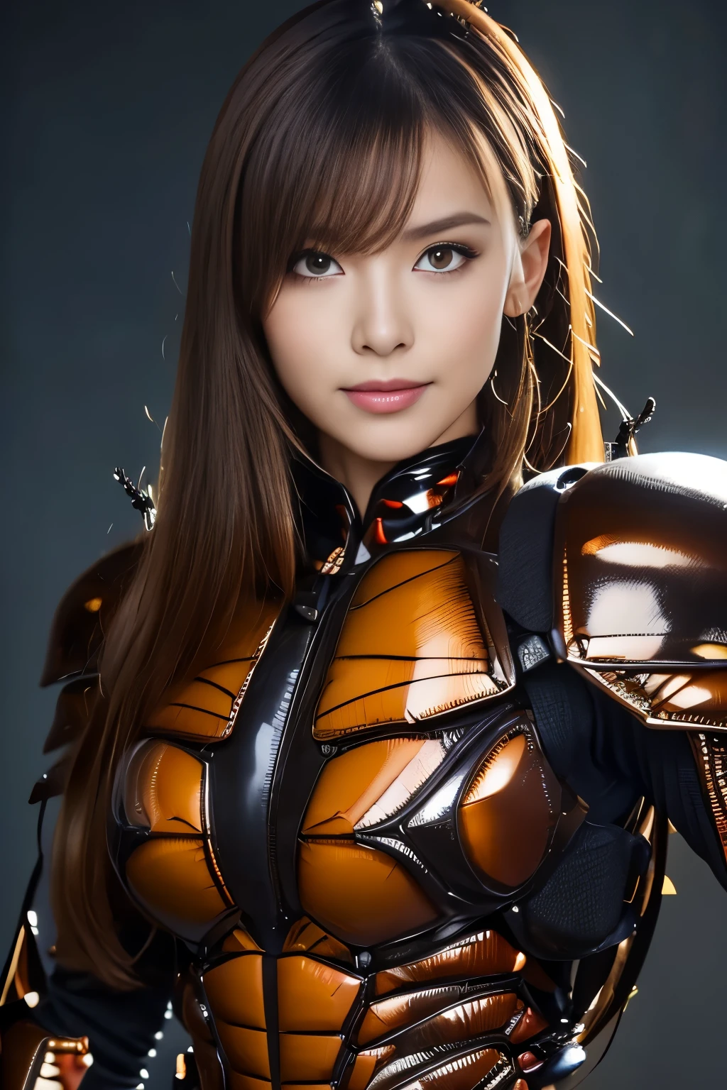 (High resolution,masterpiece,highest quality,Very detailed CG, anime, official art:1.4), realistic, photograph, amazing detail, everything is complicated, shiny and glossy,Amazing number of layers, 8K wallpaper, 3D, sketch, cute, figure,( alone:1.4), perfect female proportions,villain's daughter, (Fusion of dark brown cockroach and lady:1.4), (brown cockroach woman:1.2), (brown cockroach woman:1.2), (Fusion:1.2), (alone:1.4), (evil smile:1.2), muscular, abs, (Cockroach brown exoskeleton bio insect suit:1.4), (Cockroach brown exoskeleton bio insect armor:1.2), (brown transparent cockroach feathers:1.4), (Antennae of brown cockroaches:1.3),