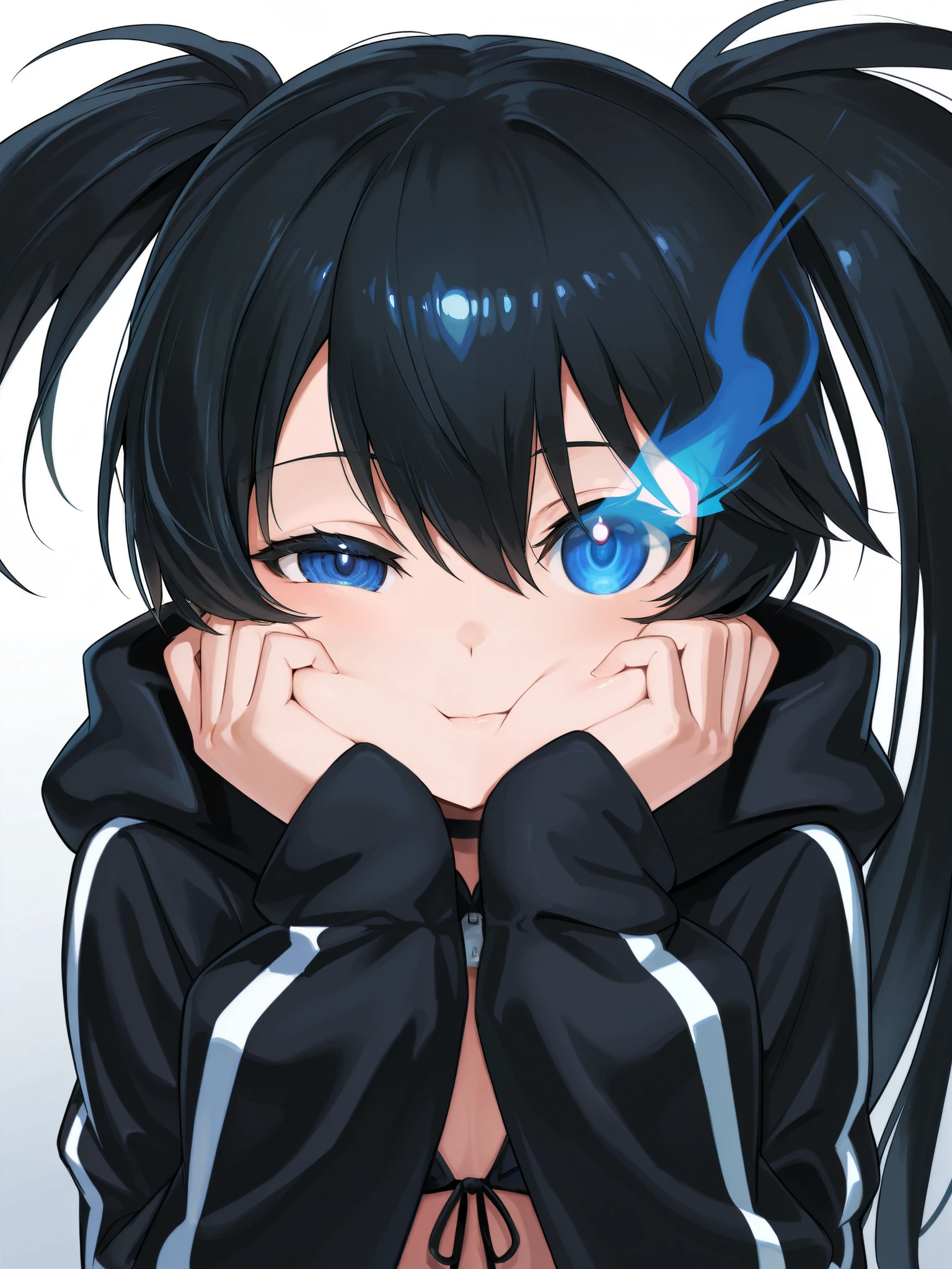 Black rock shooter, beautiful, black hair, blue eyes, shiny eyes, black coat, long hair, uneven twintails, black rock shooter, ryo, cute, long twintails, Blushes, Looking at viewer, close one eye, squeeze cheek
