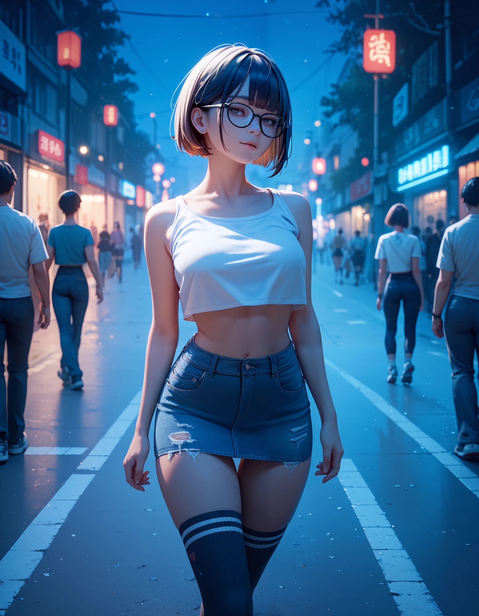 score_9, score_8_up, score_7_up, 1 girl, seductive, glasses, short hair with bangs, cropped tank top, denim mini skirt, thigh-high socks, walking in a Korean street at night